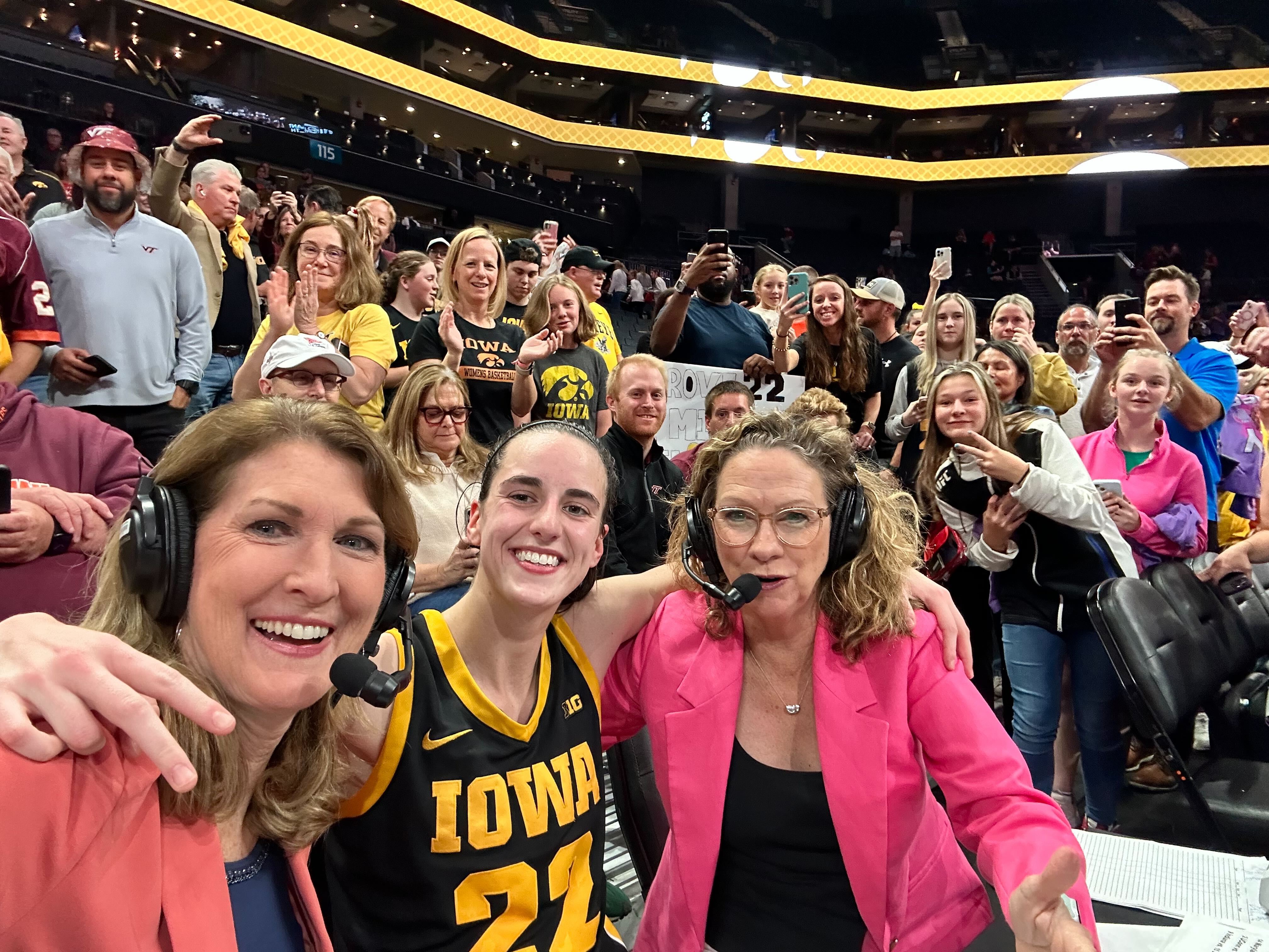 Antonelli and Mowins pose with Caitlin Clark after Iowa's victory over Virginia Tech at the 2023 Ally Tipoff