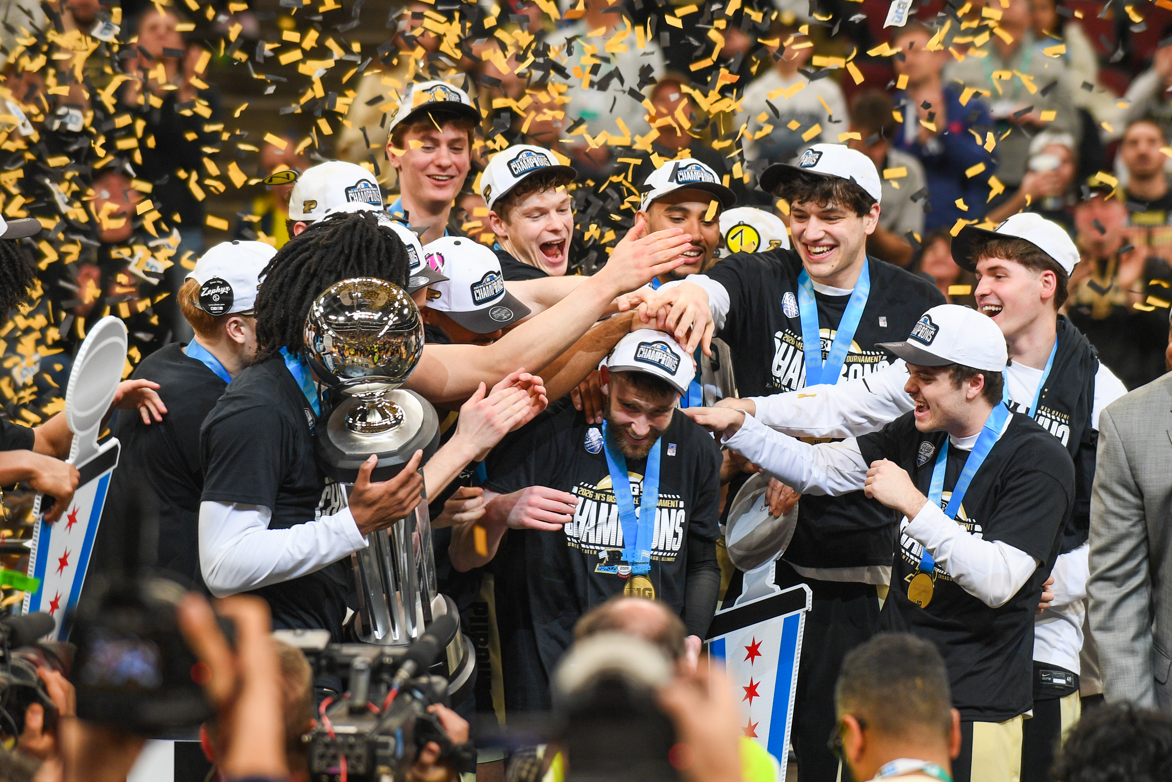 Purdue celebrates after upsetting Michigan in the Big Ten Tournament final