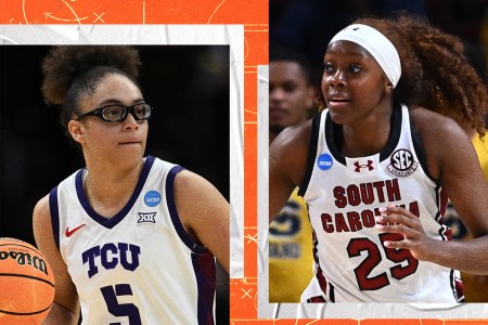 A graphic of women's basketball players Olivia Miles of TCU and Raven Johnson of South Carolina