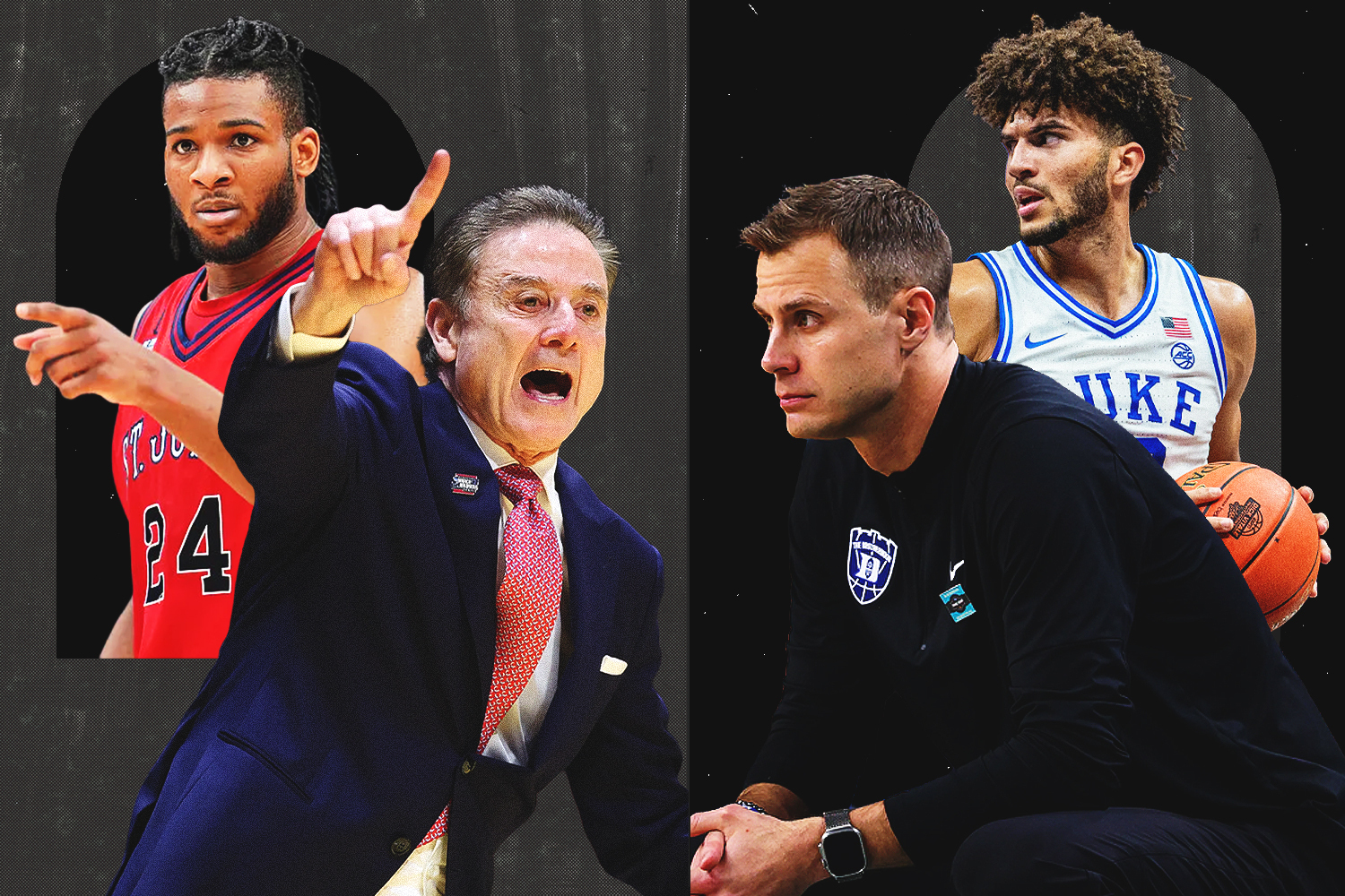 St. John's player Zuby Ejiofor and coach Rick Pitno, and Duke coach Jon Scheyer and player Cameron Boozer