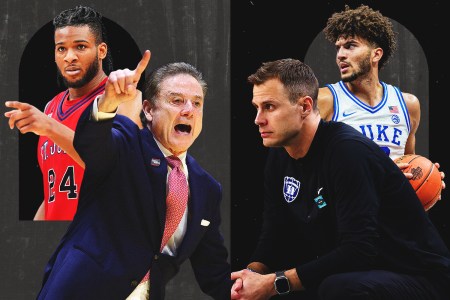 St. John's player Zuby Ejiofor and coach Rick Pitno, and Duke coach Jon Scheyer and player Cameron Boozer