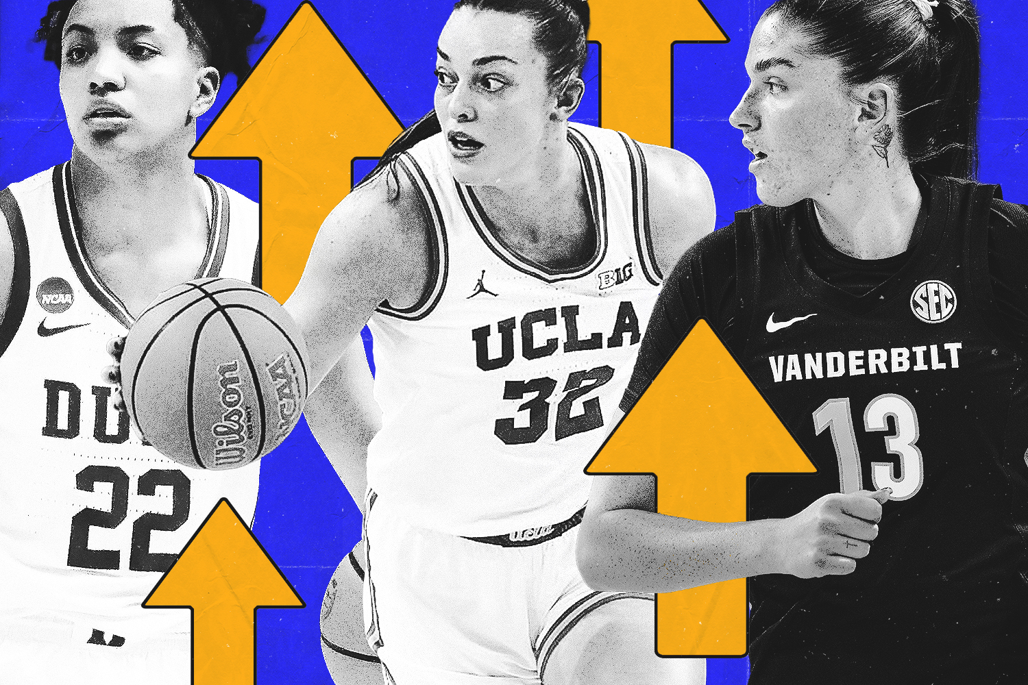 Graphic of women's NCAA basketball players Taina Mair, Angela Dugalic and Justine Pissott