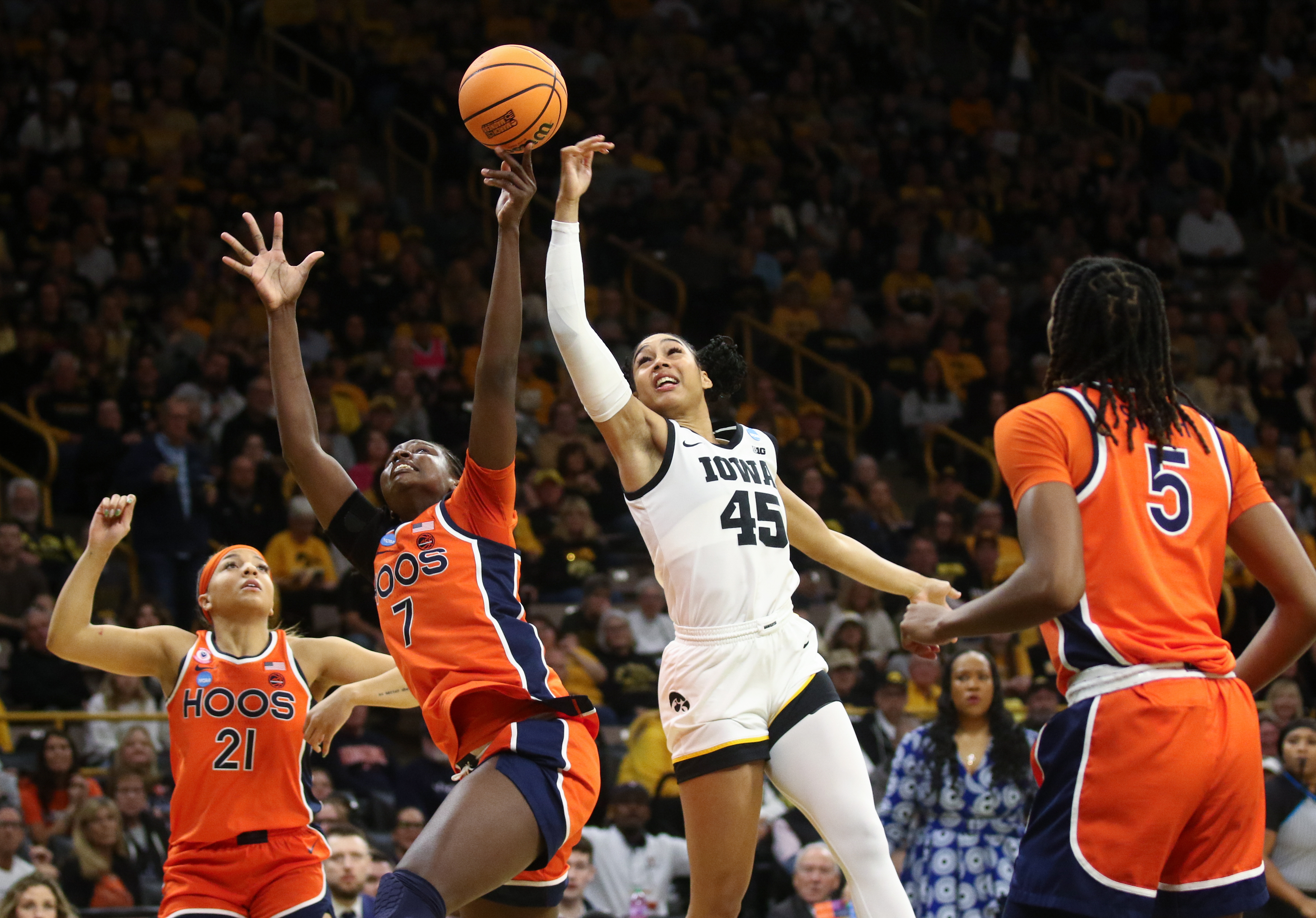 Tabitha Amanze fouled out with 3:57 to play in Virginia's first overtime vs. Iowa