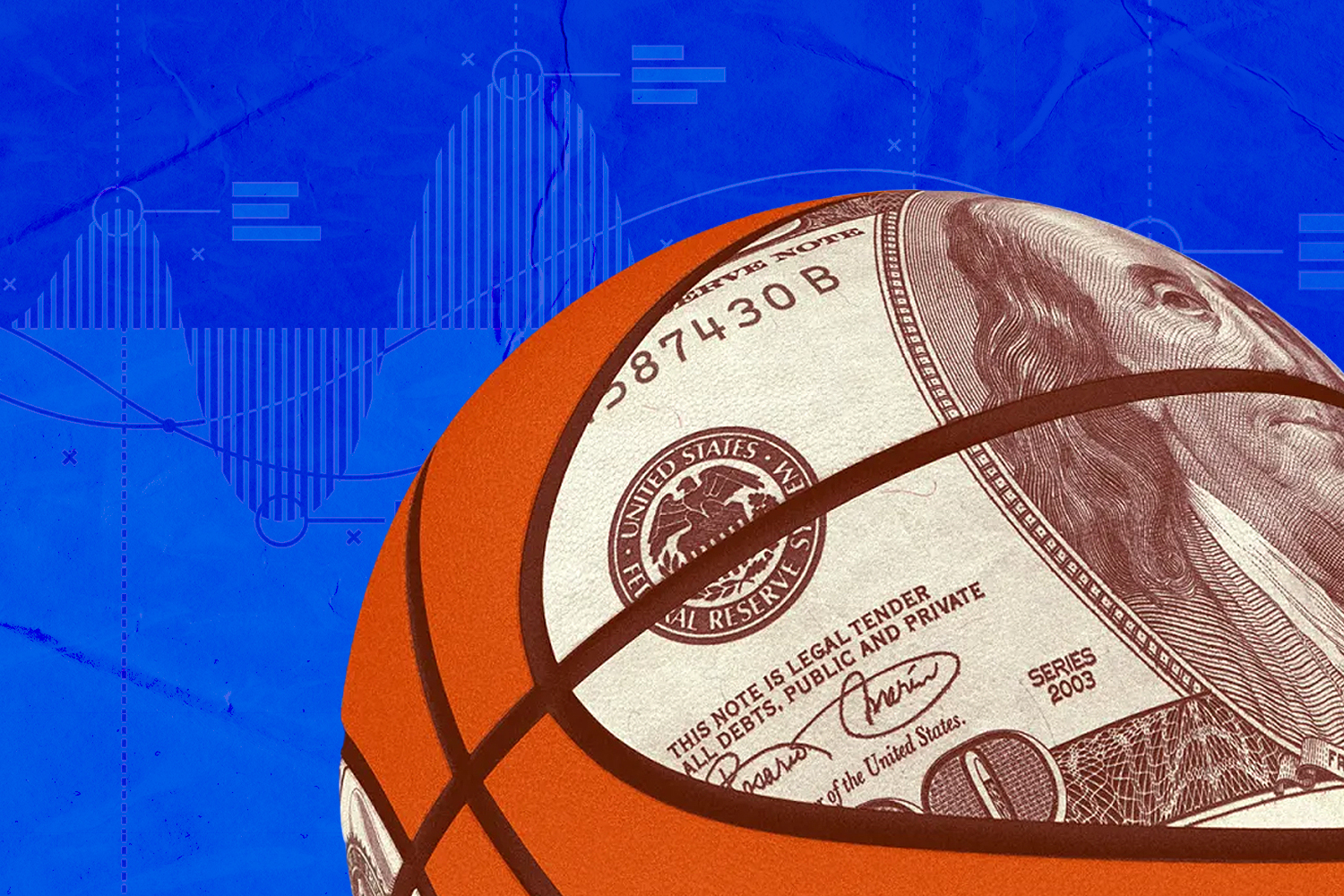 Graphic of a hundred dollar bill layered over a basketball