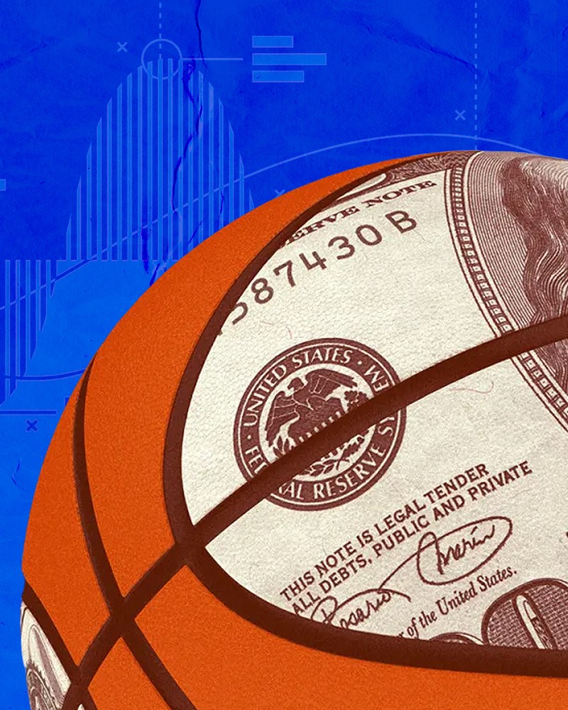 Graphic of a hundred dollar bill layered over a basketball