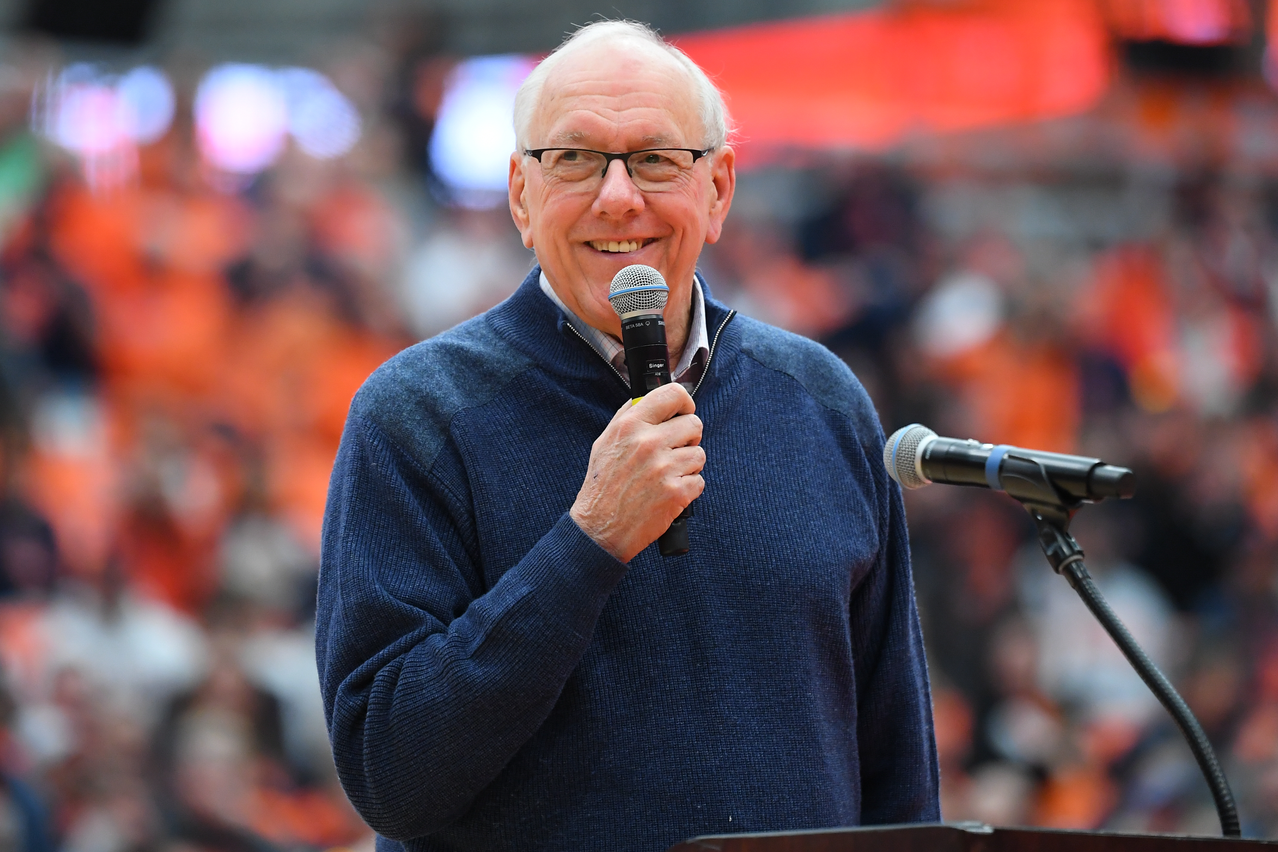 Orange head coach Jim Boeheim speaks to the fans during the "Jim Boeheim Day" ceremony following the game between the Notre Dame Fighting Irish and the Syracuse Orange at the JMA Wireless Dome on February 24, 2024 in Syracuse, New York. Syracuse won 88-85.( Photo by Rich Barnes/Getty Images)