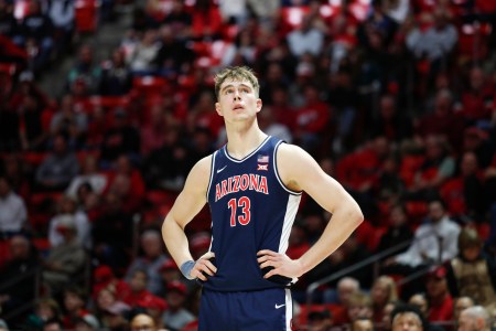Arizona big man Motiejus Krivas looks up at the scoreboard