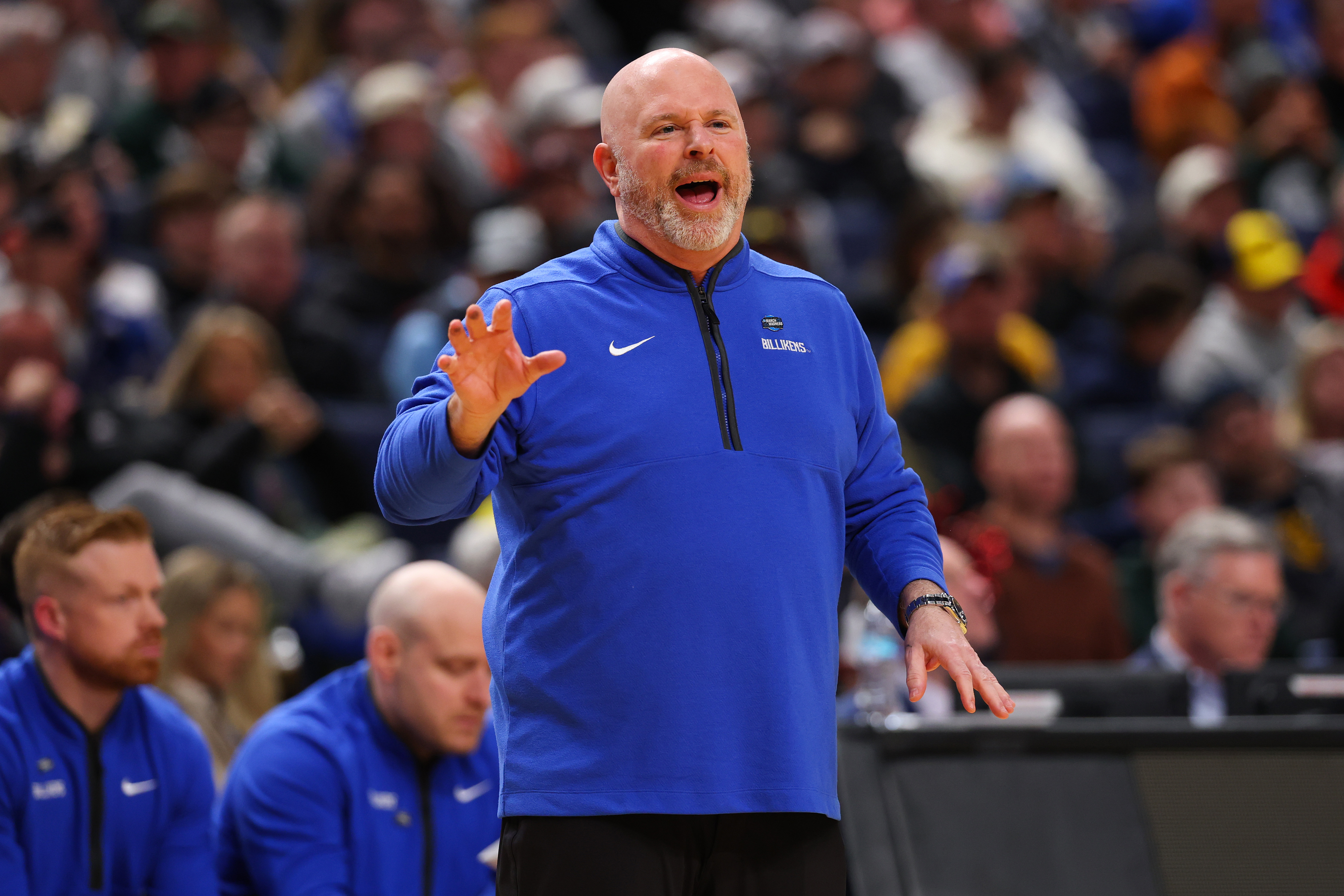 Josh Schertz coaching the Billikens during a first-round win over Georgia in this year's NCAA Tournament