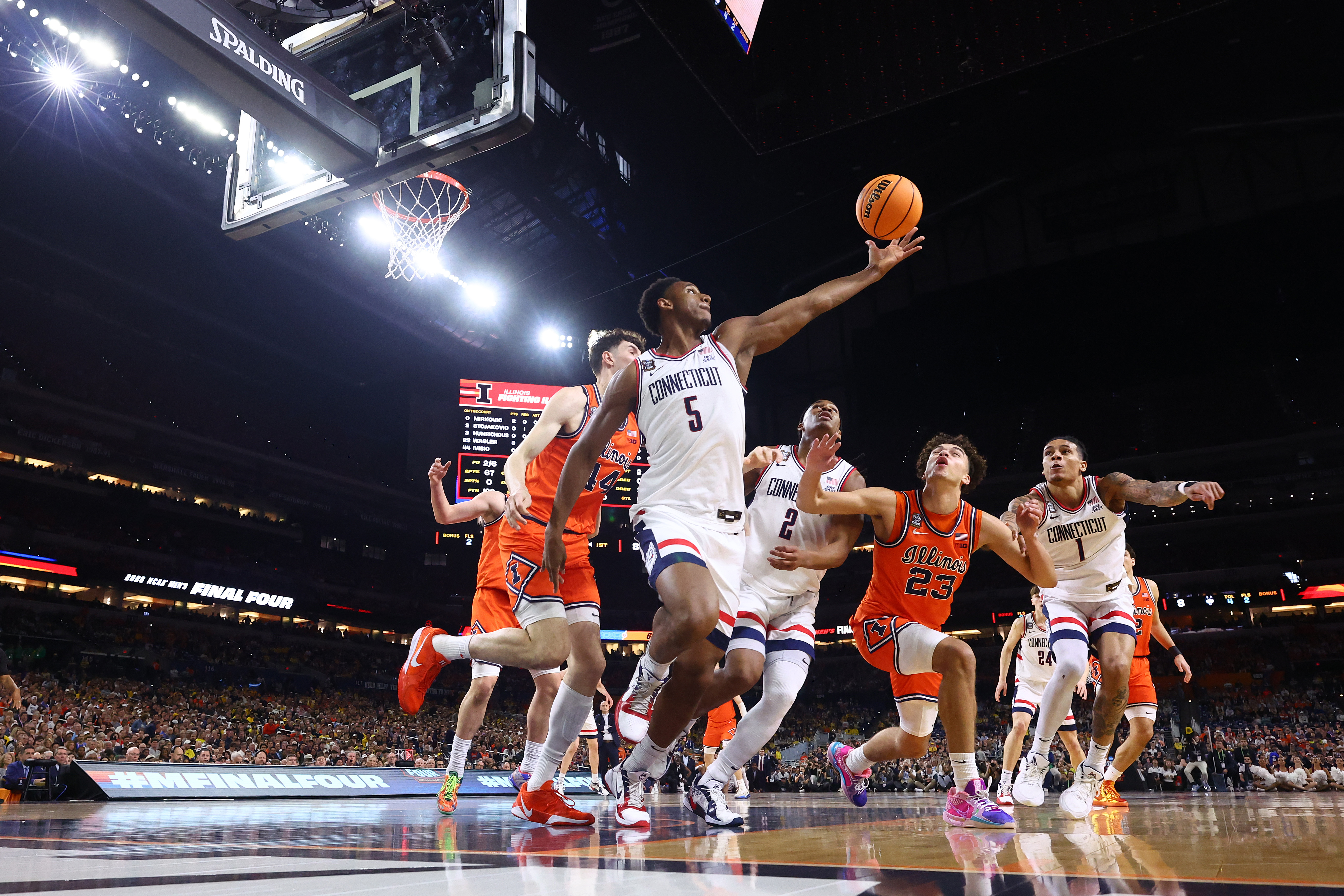 Tarris Reed Jr. of the Connecticut Huskies grabs the ball in the Final Four