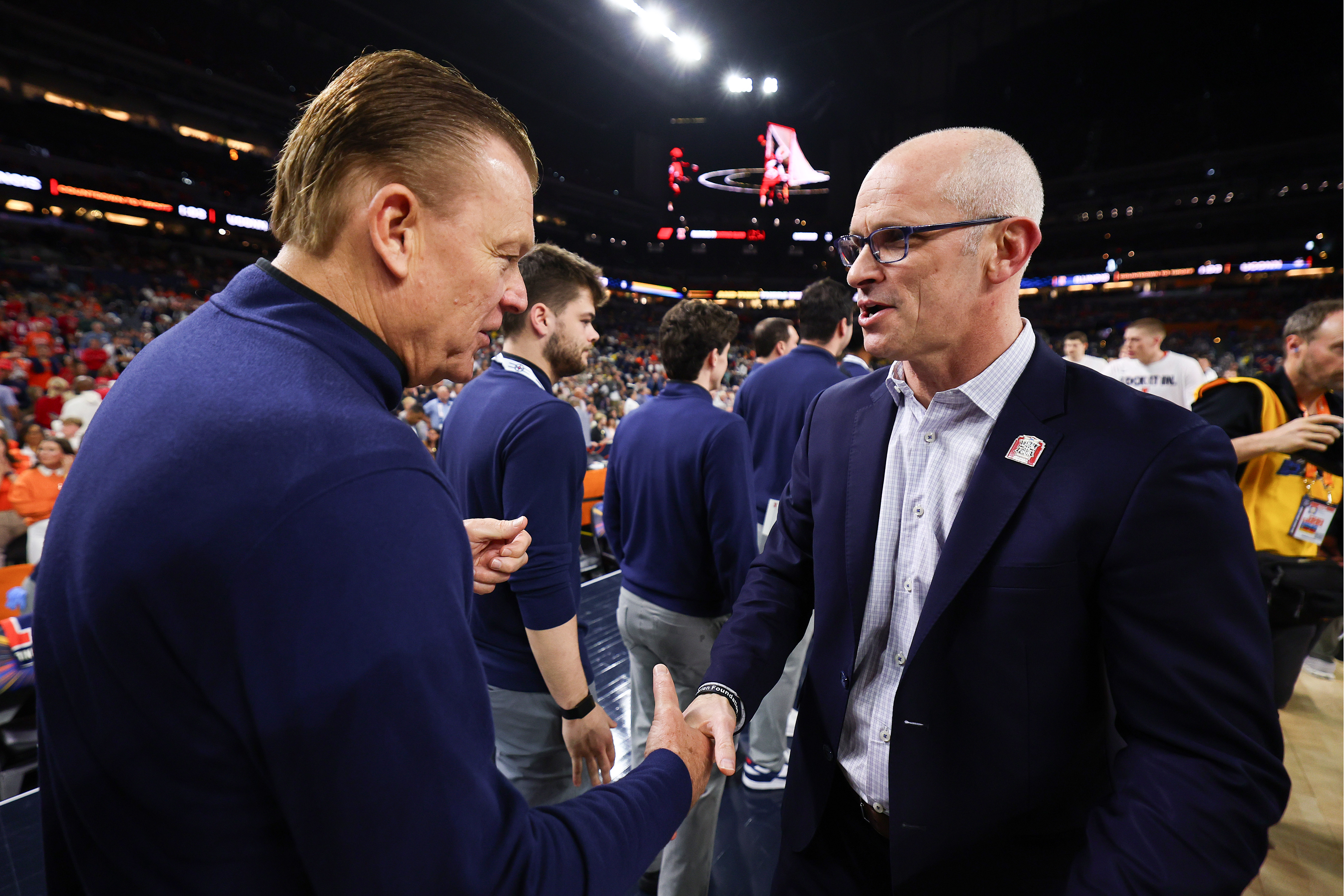 Illinois coach Brad and Underwood and UConn coach Dan Hurley shake hands before their 2026 Final Four matchup