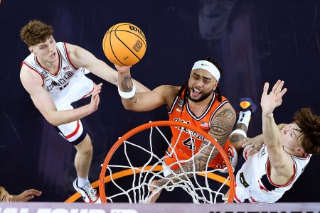 Illinois basketball player Kylan Boswell drives to the basket versus UConn in the 2026 Final Four