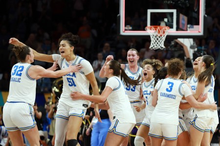 Lauren Betts (#51), the tournament's Most Outstanding Player, celebrates with her teammates after upsetting South Carolina for a national title
