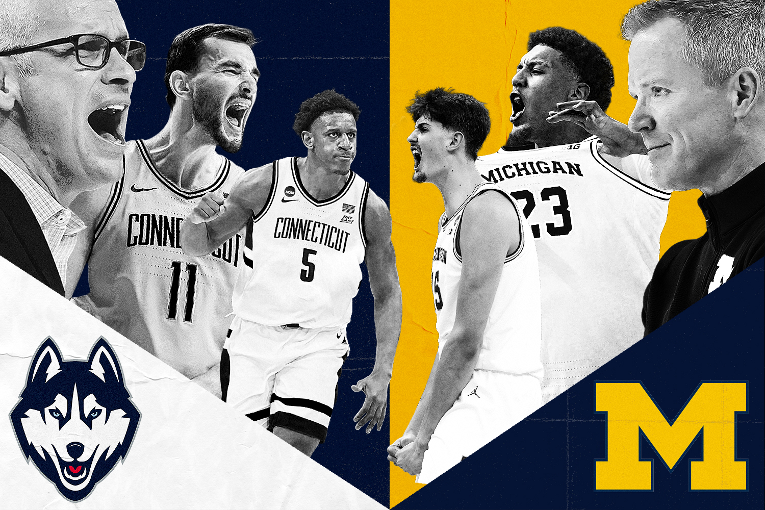 Dan Hurley, Alex Karaban and Tarris Reed Jr. (left) take on Michigan's Dusty May, Yaxel Lendeborg and Aday Mara (right) for the NCAA title