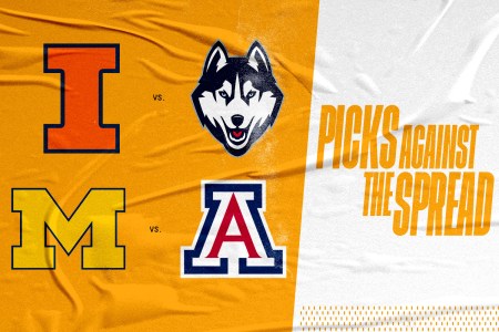 A graphic of the Final Four matchups using university logos. From top left: Illinois, UConn, Michigan and Arizona.