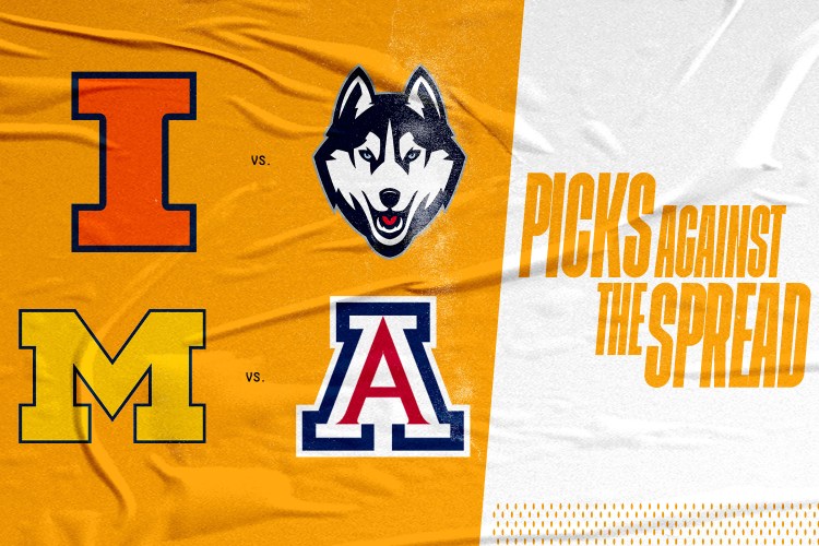 A graphic of the Final Four matchups using university logos. From top left: Illinois, UConn, Michigan and Arizona.