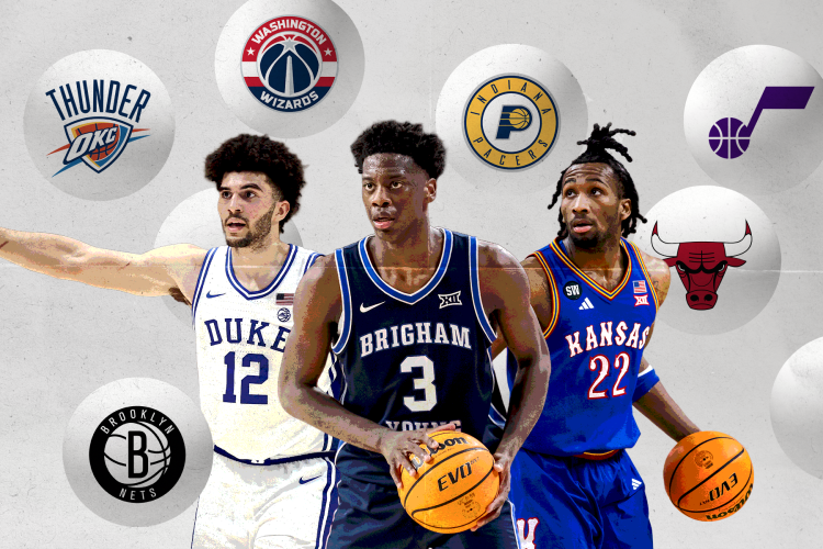 From left: Cameron Boozer, AJ Dybantsa and Darryn Peterson, surrounded by lottery ping pong balls with NBA team logos