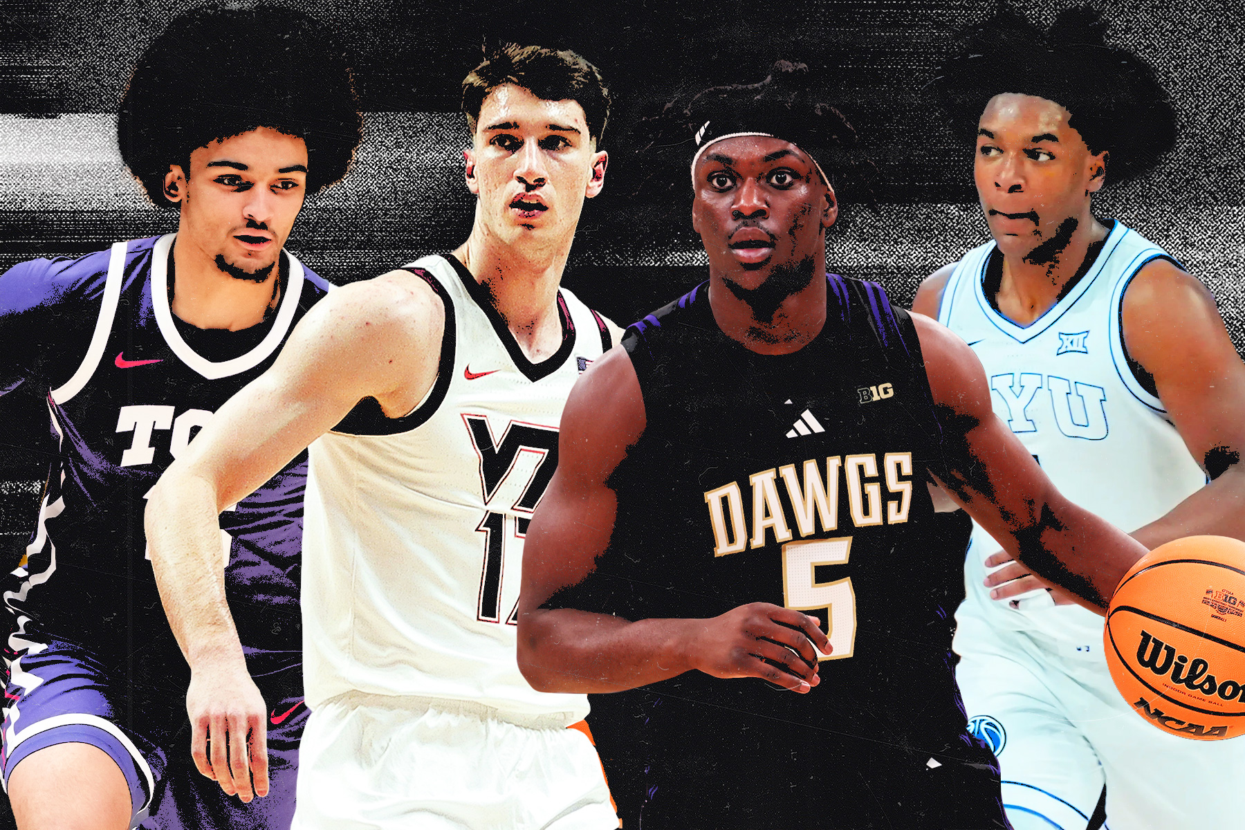 Graphic of 4 college basketball players in action