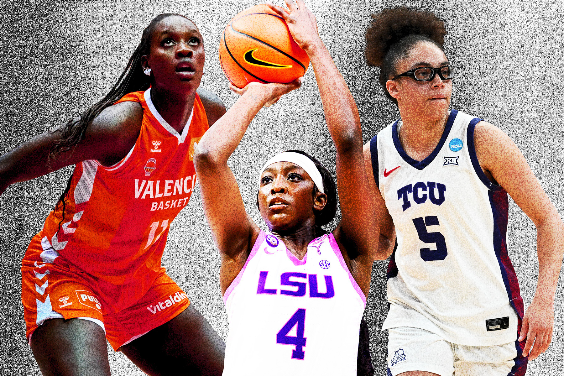 Notable WNBA Draft prospects, from left to right: Awa Fam of Spain, LSU's Flau'Jae Johnson and Olivia Miles of TCU