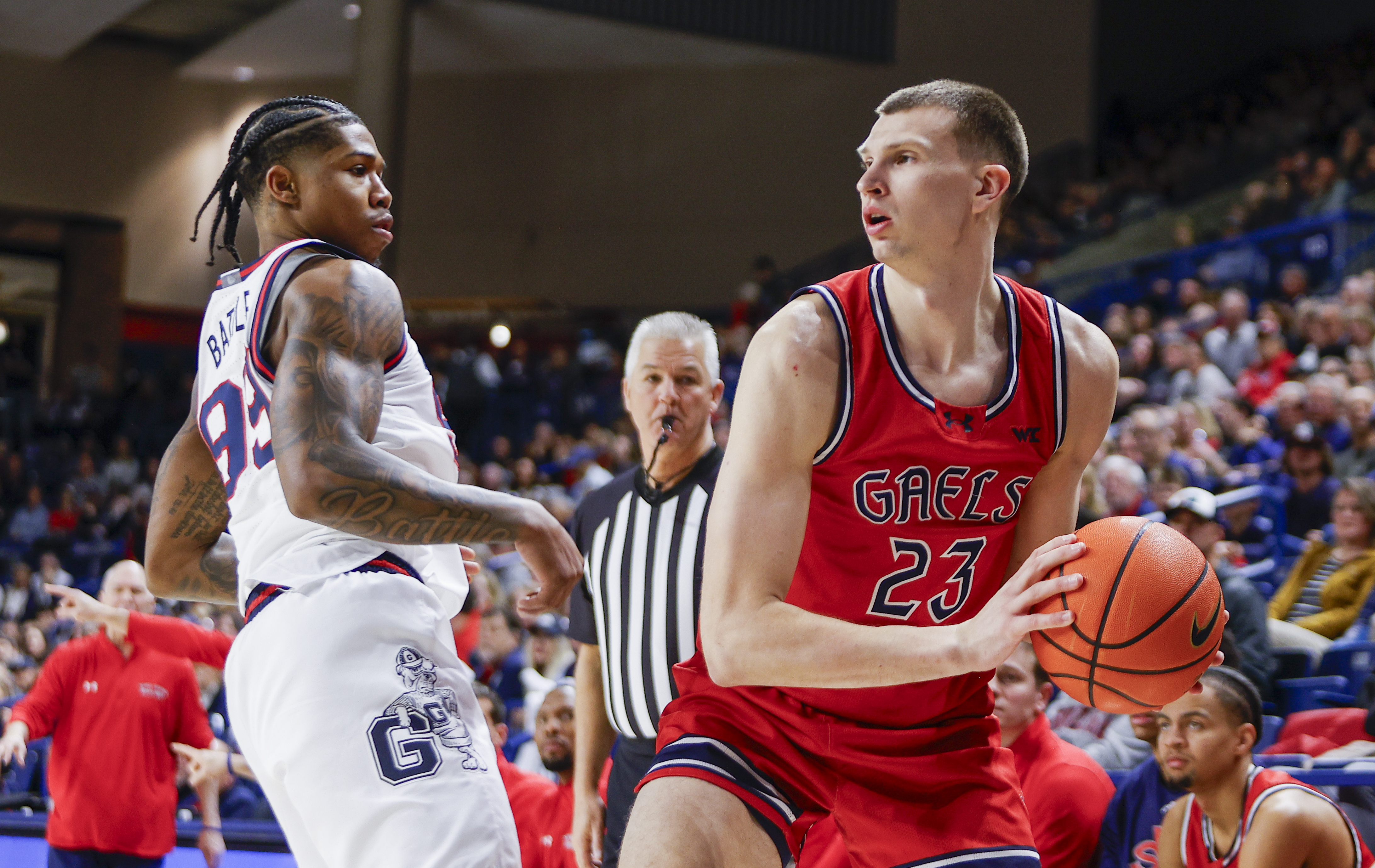 St. Mary's Gaels forward Paulius Murauskas with the ball in a 2025 game against Gonzaga