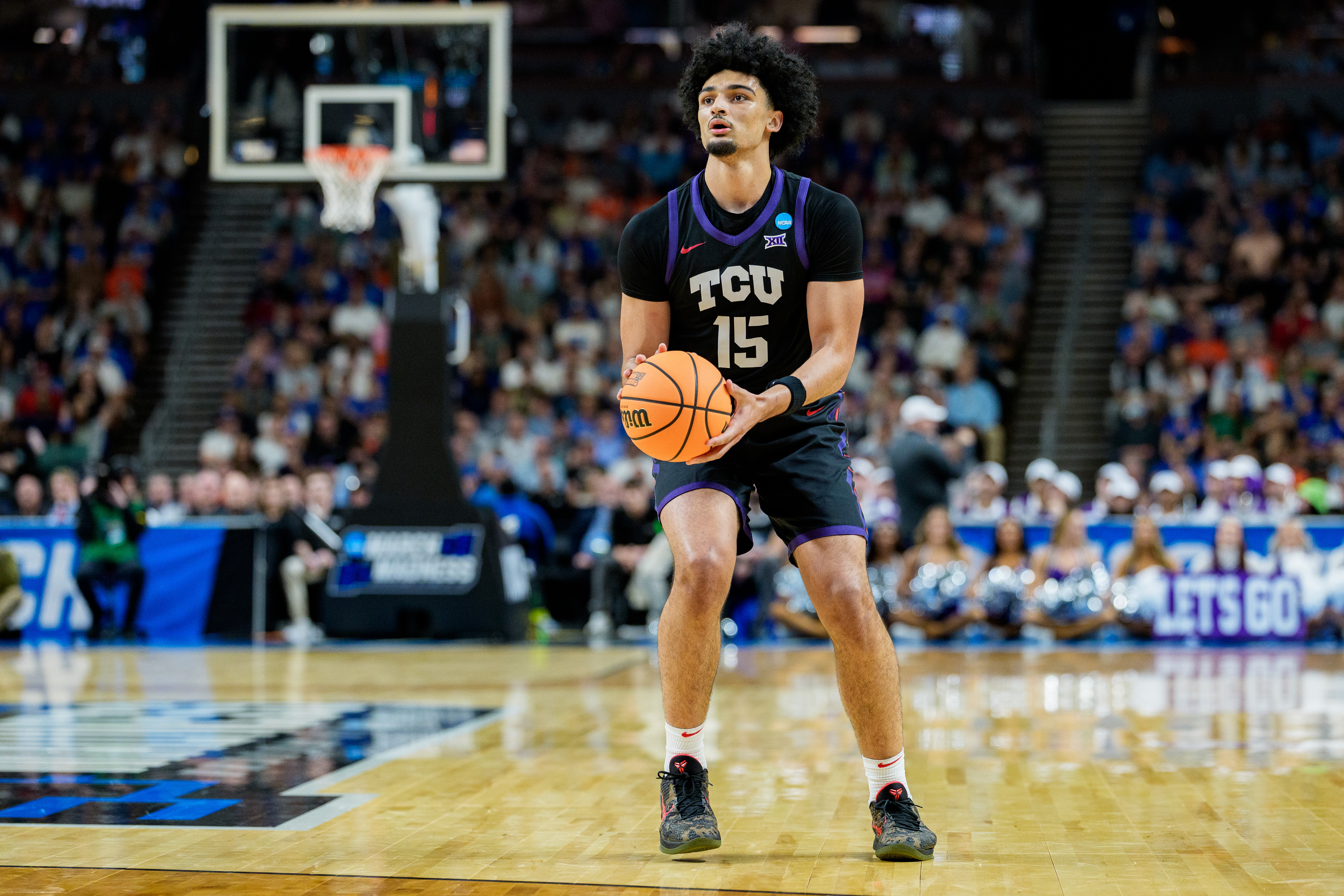 David Punch of the TCU Horned Frogs shoots the ball during the second round of the 2026 NCAA Men's Basketball Tournament
