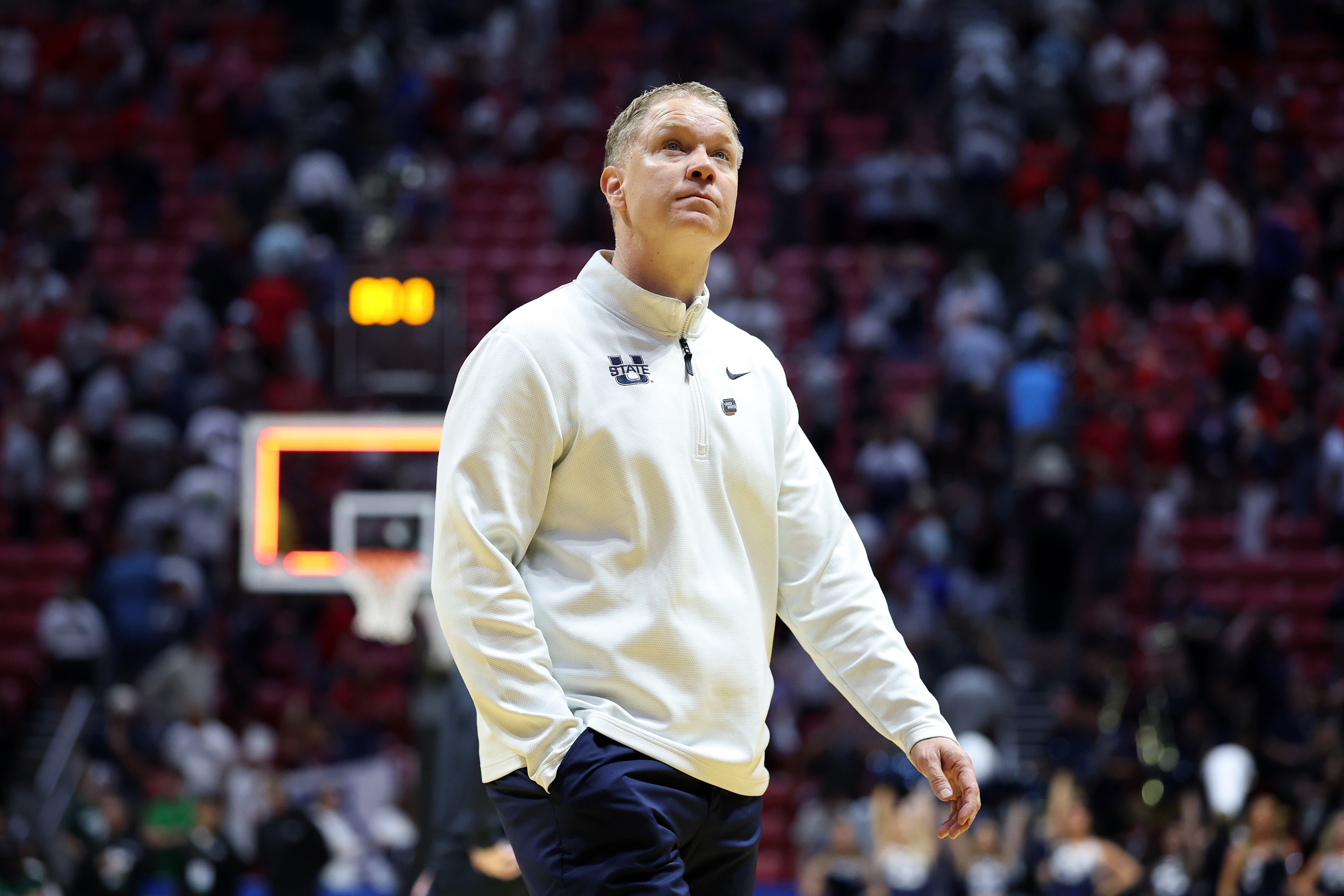 Utah State coach Jerrod Calhoun walks off the court following a loss in the 2026 NCAA Tournament