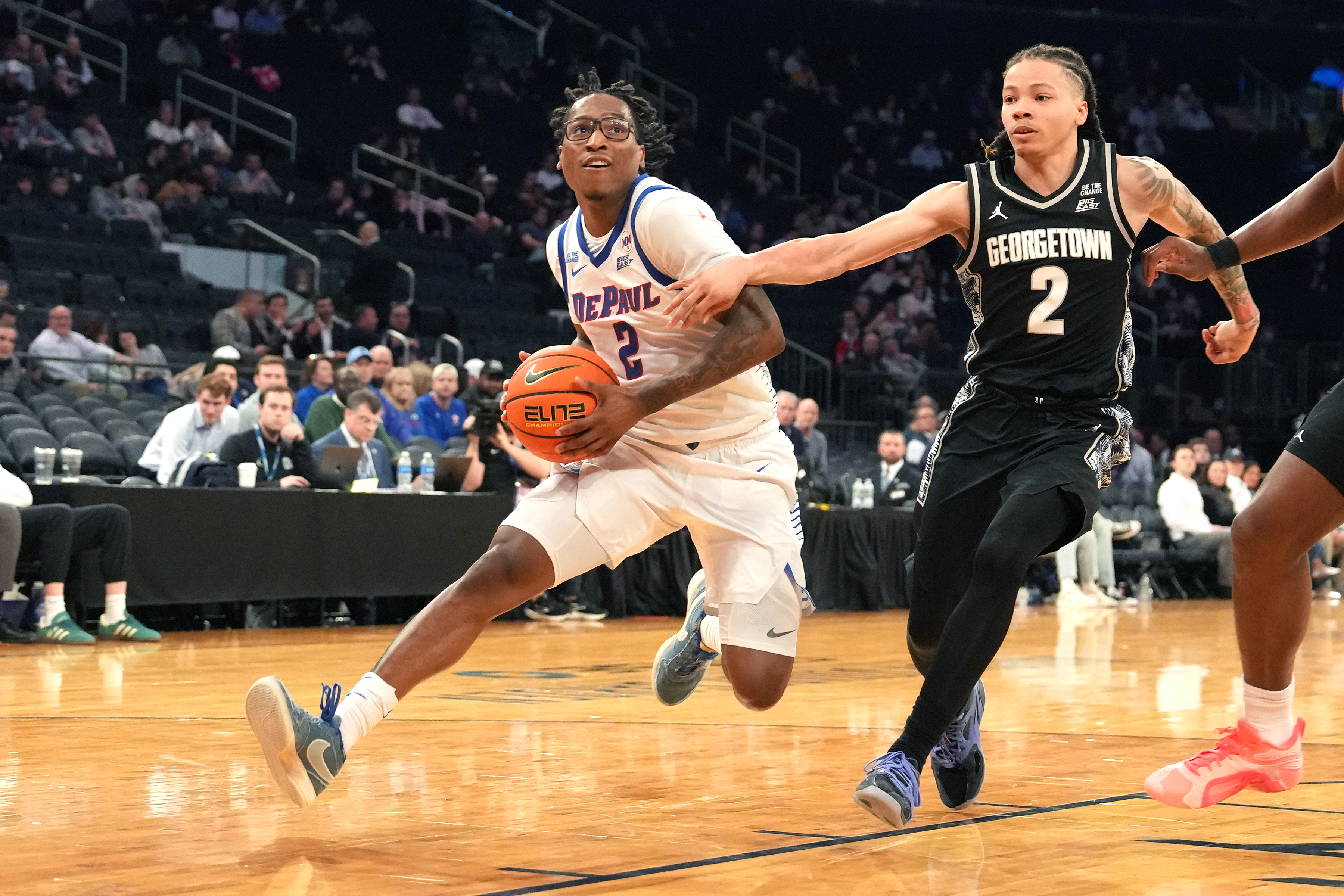 Guard Layden Blocker, seen here driving to the hoop against Georgetown, will be one of the top returning starters for Holtmann