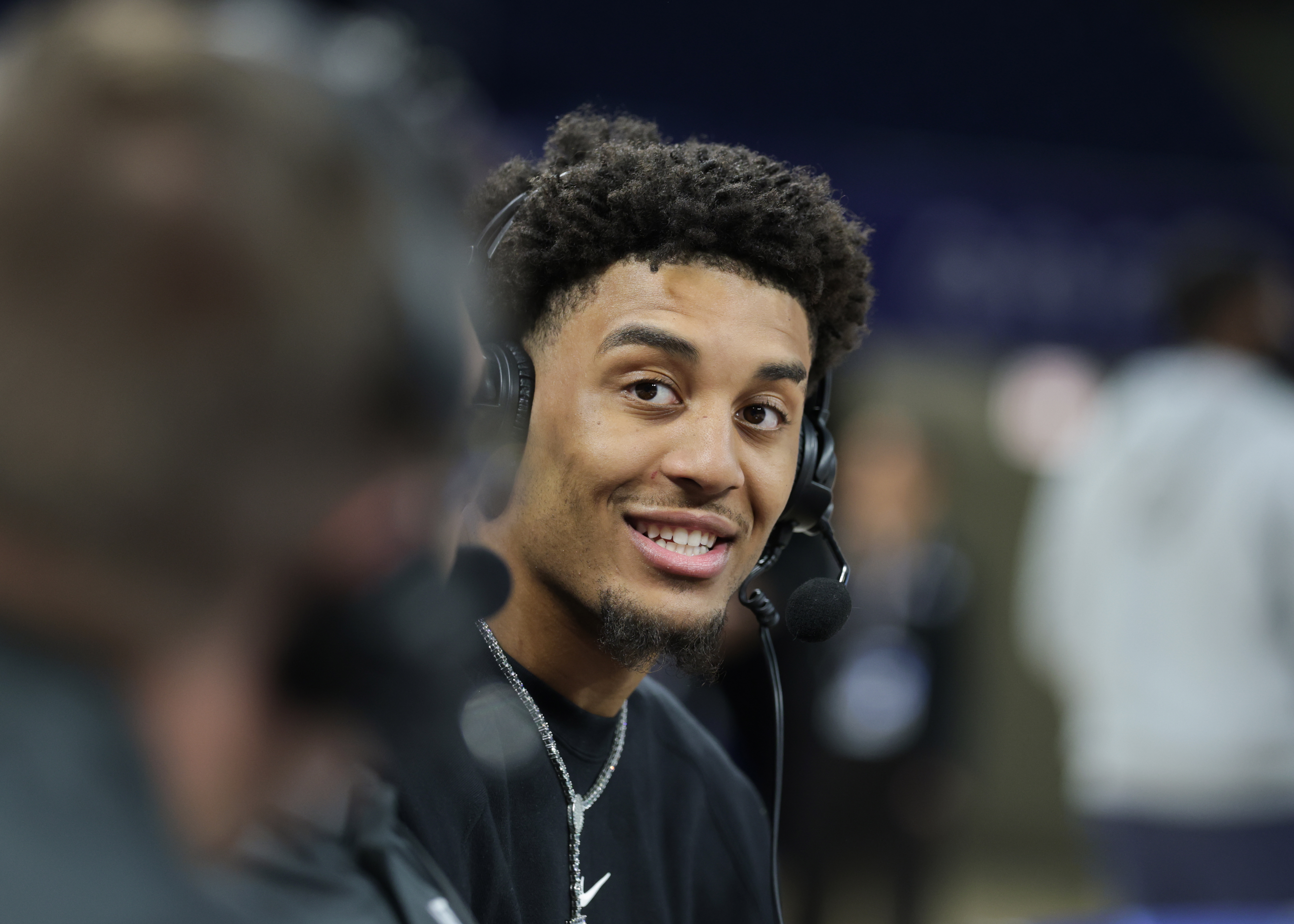 Michigan’s Yaxel Lendeborg speaking with the media at the combine