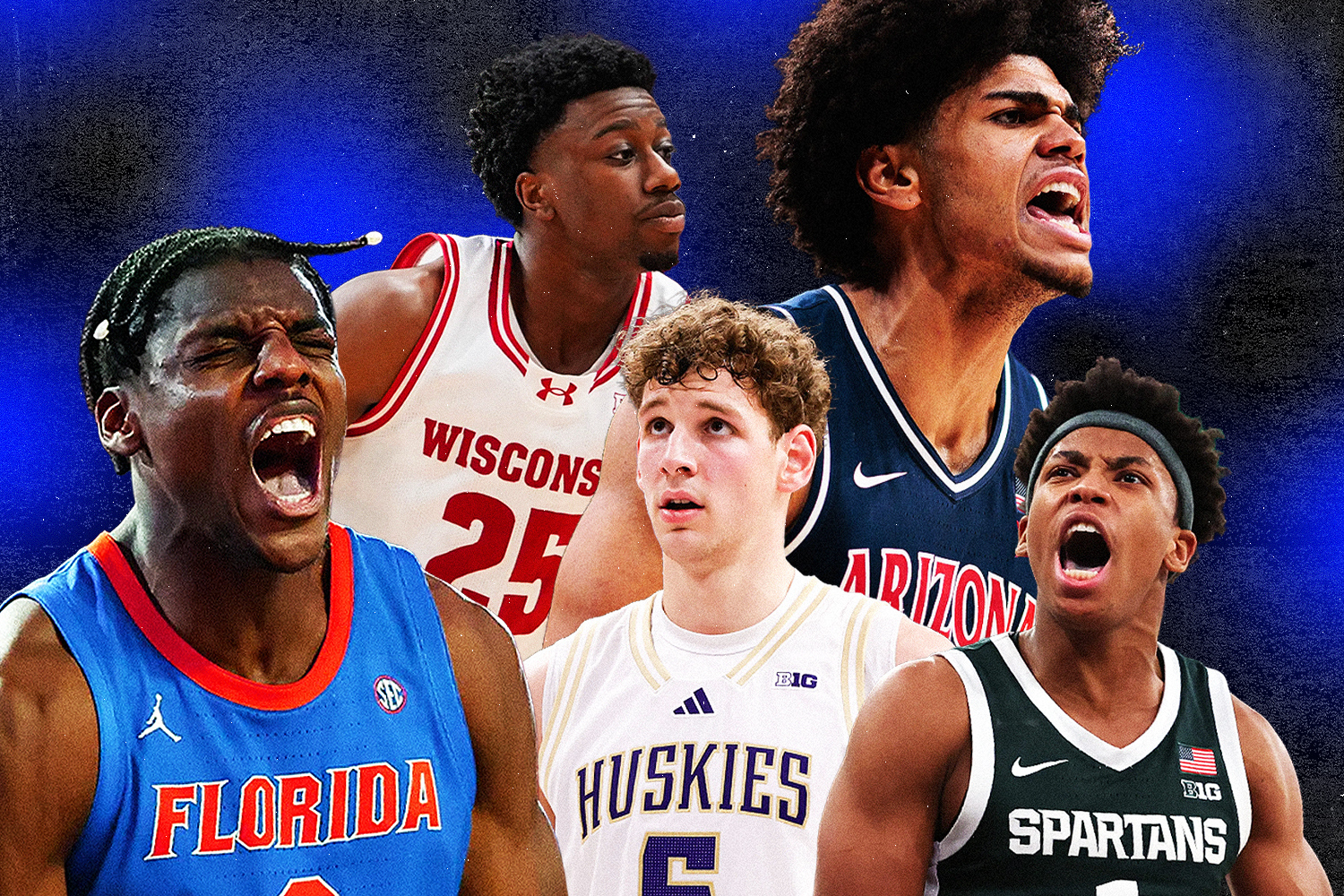 a collage of 5 college basketball players