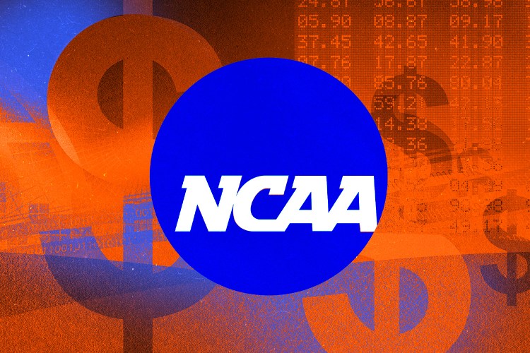 The circular NCAA logo over an orange background with a dollar sign pattern