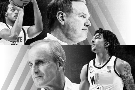 Dennis Parker Jr. and coach Bill Self of the Kansas Jayhawks (top); Juke Harris and coach Rick Barnes of the Tennessee Volunteers (bottom)