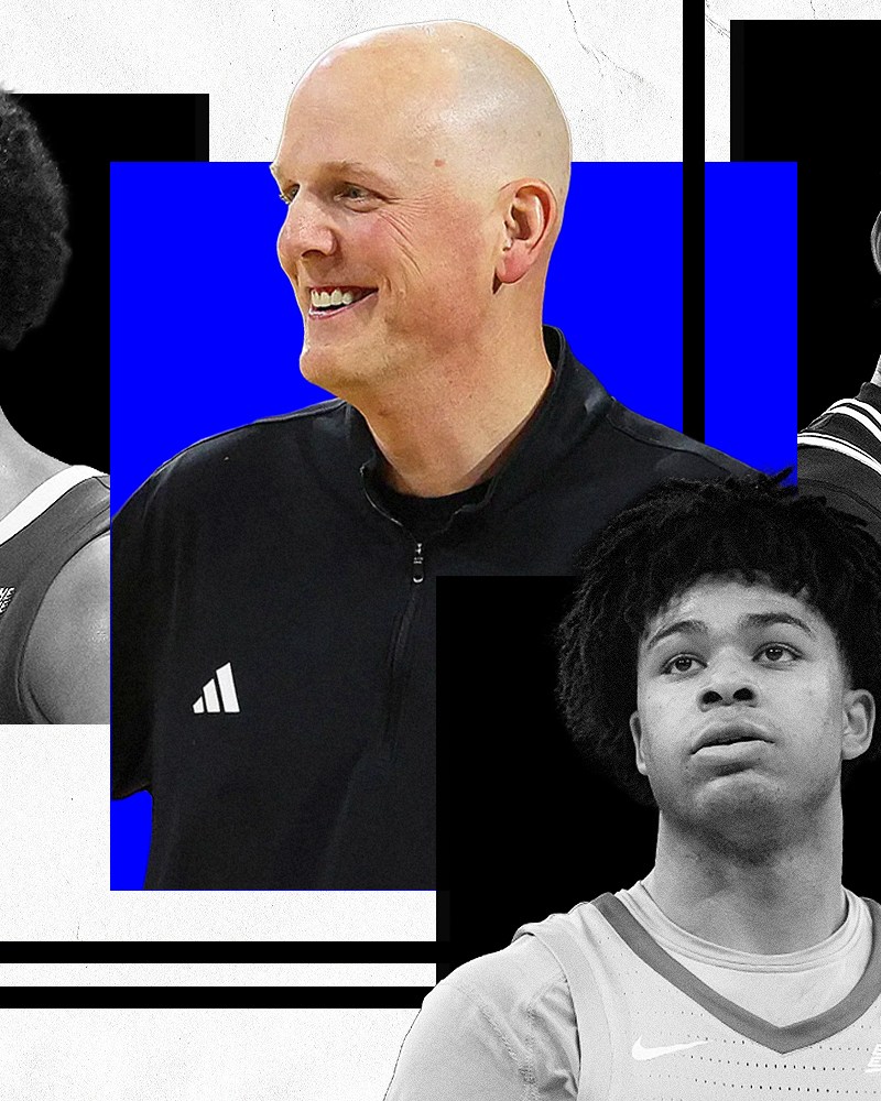Creighton head coach Alan Huss with (from left to right) Jasen Green, Austin Swartz and Oswin Erhunmwunse