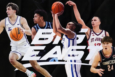 A graphic of the Big East basketball conference and 5 key men's players for the 2026-7 season