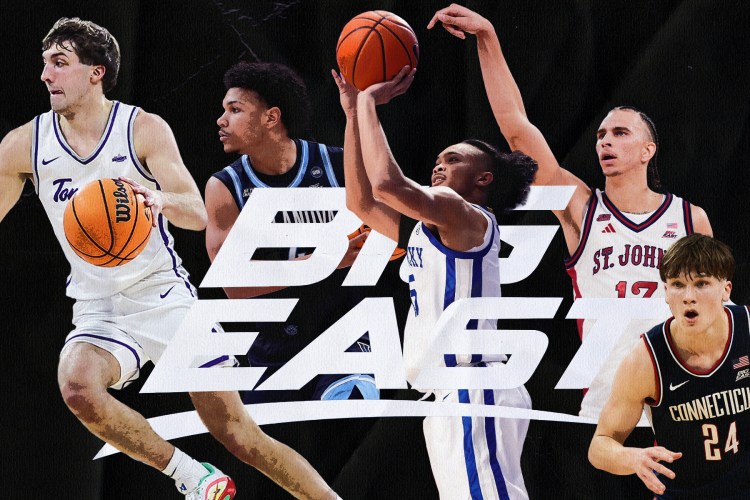 A graphic of the Big East basketball conference and 5 key men's players for the 2026-7 season