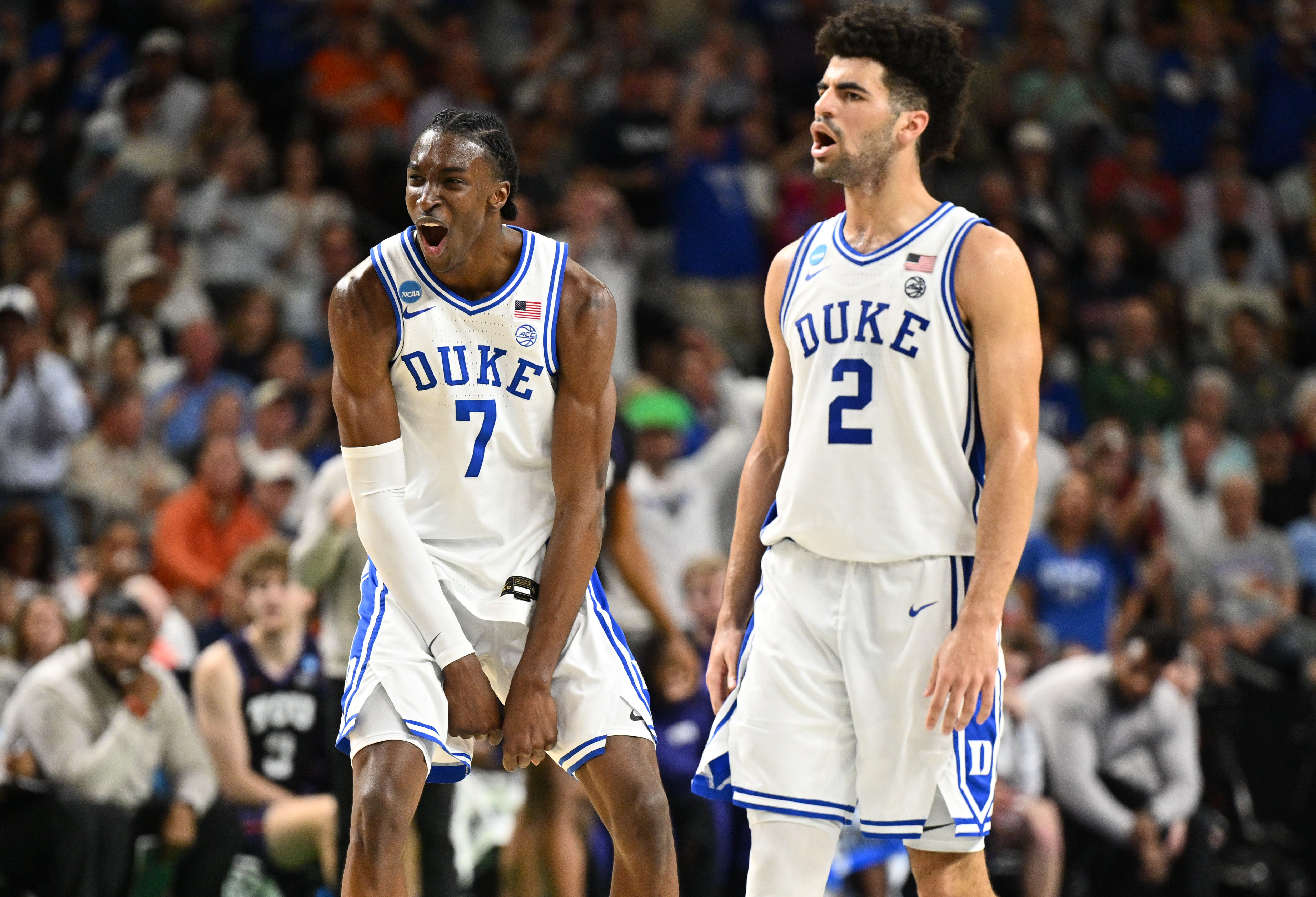 Returning players Dame Sarr (#7) and Cayden Boozer (#2) should help Duke offset the loss of National Player of the Year Cameron Boozer