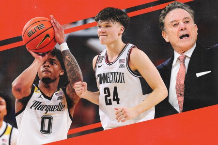 Collage featuring, from left to right, Nigel James of Marquette, UConn's Braylon Mullins and Rick Pitino of St. John's