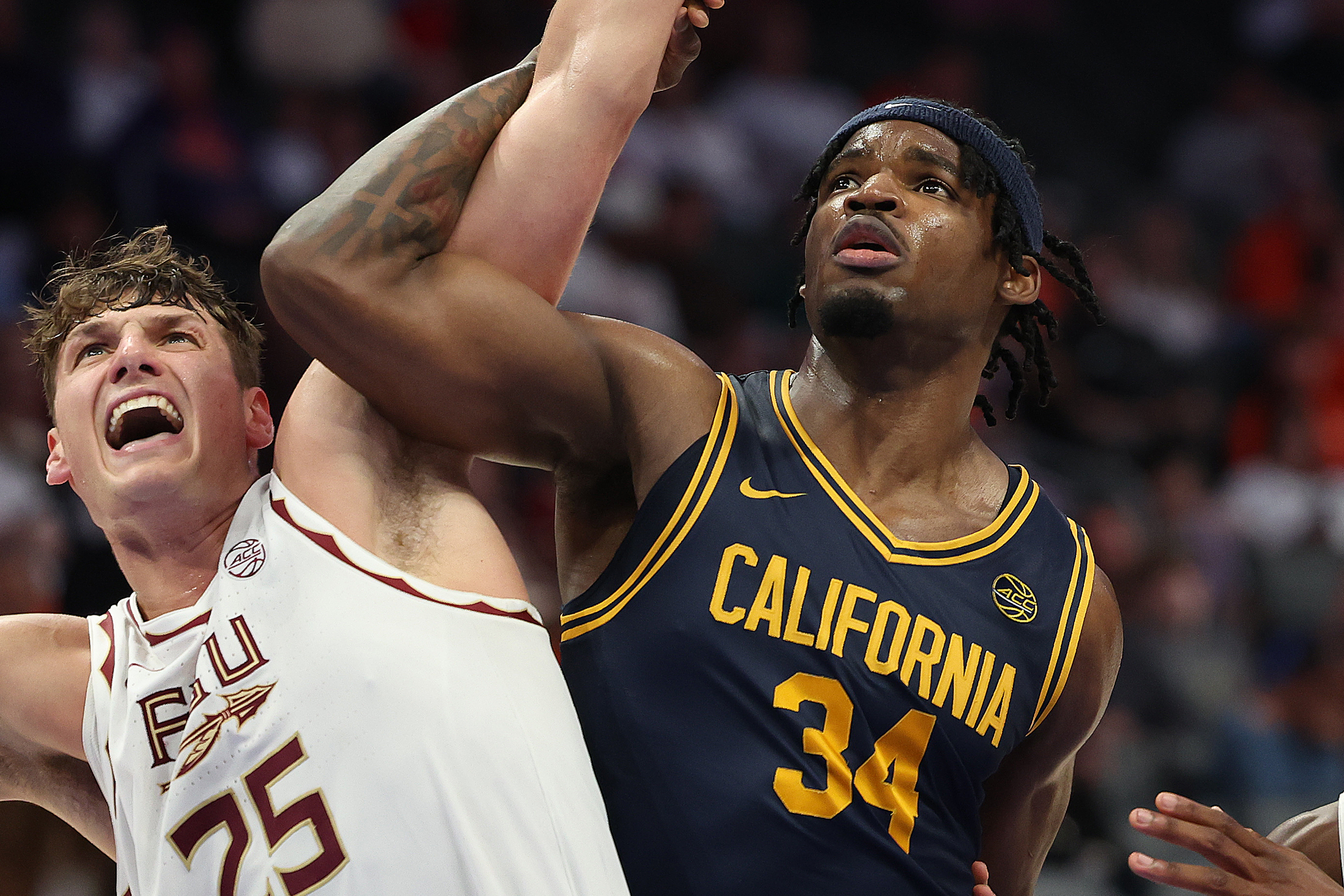 Cal forward Lee Dort and Florida State's Alex Steen battle for positioning in the paint during a 2026 game
