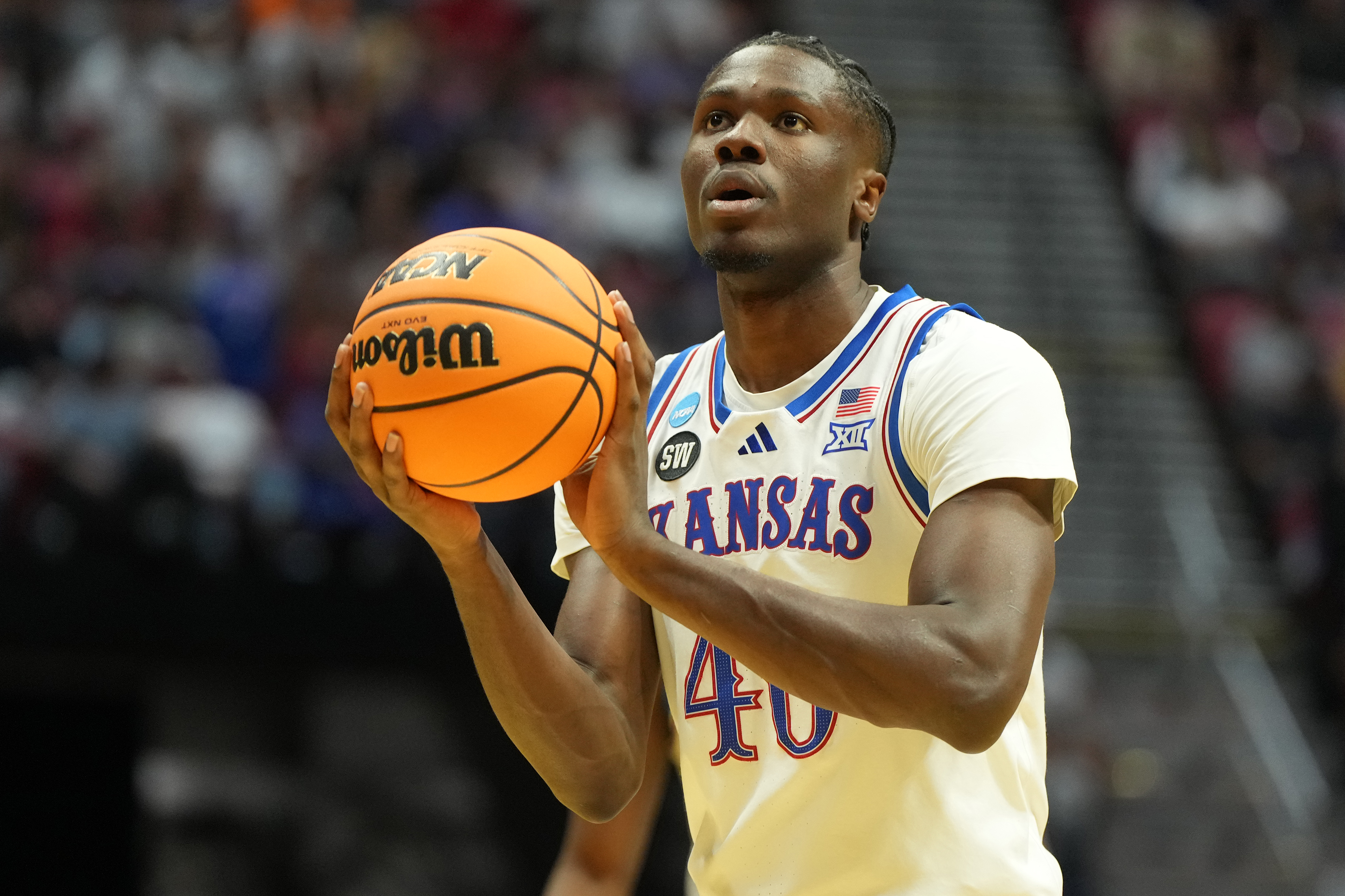 Flory Bidunga shooting a free throw for Kansas during the first round of the 2026 NCAA Tournament