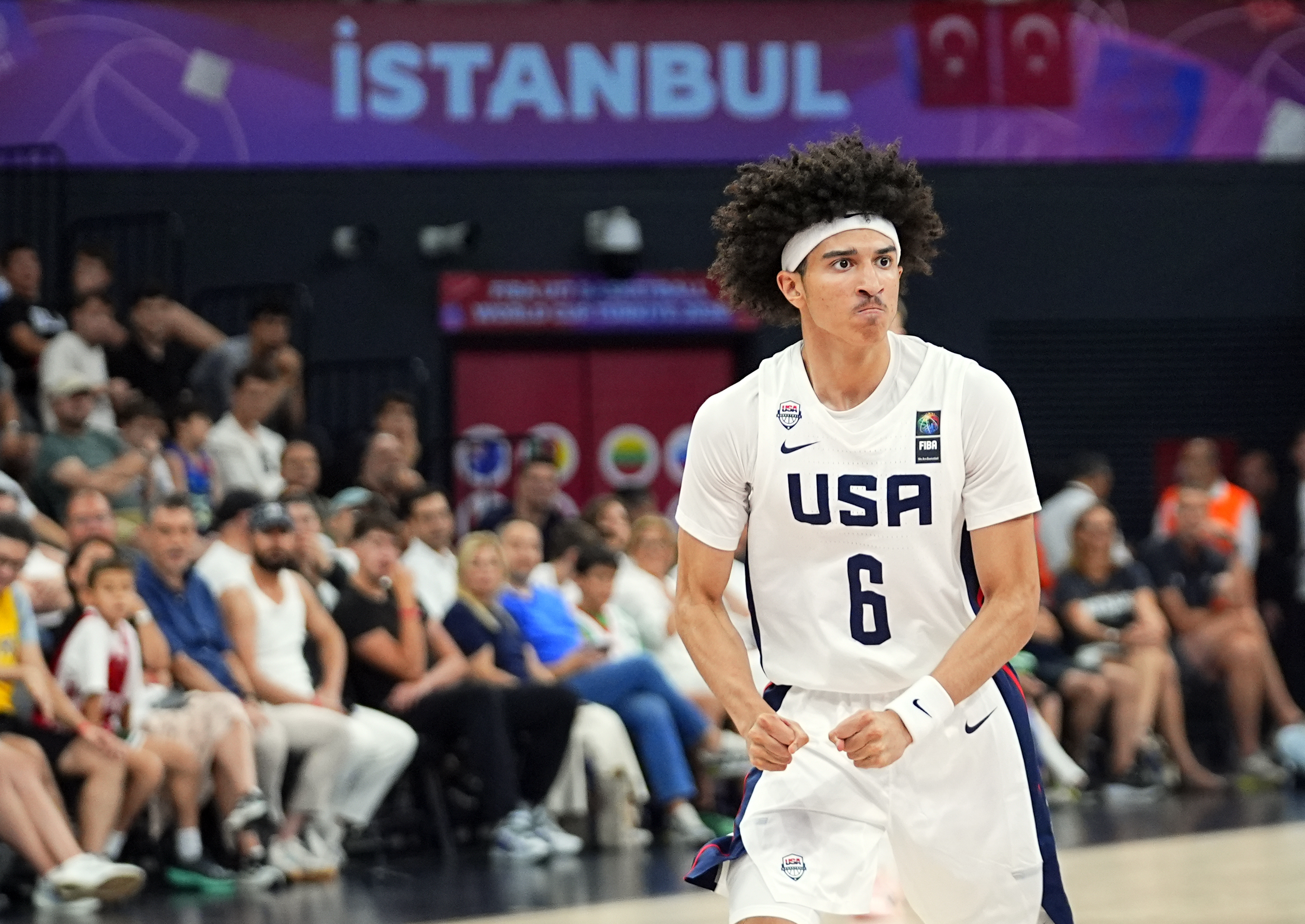 Cayden Daughtry celebrates after scoring a basket for Team USA during the 2026 FIBA U17 Basketball World Cup