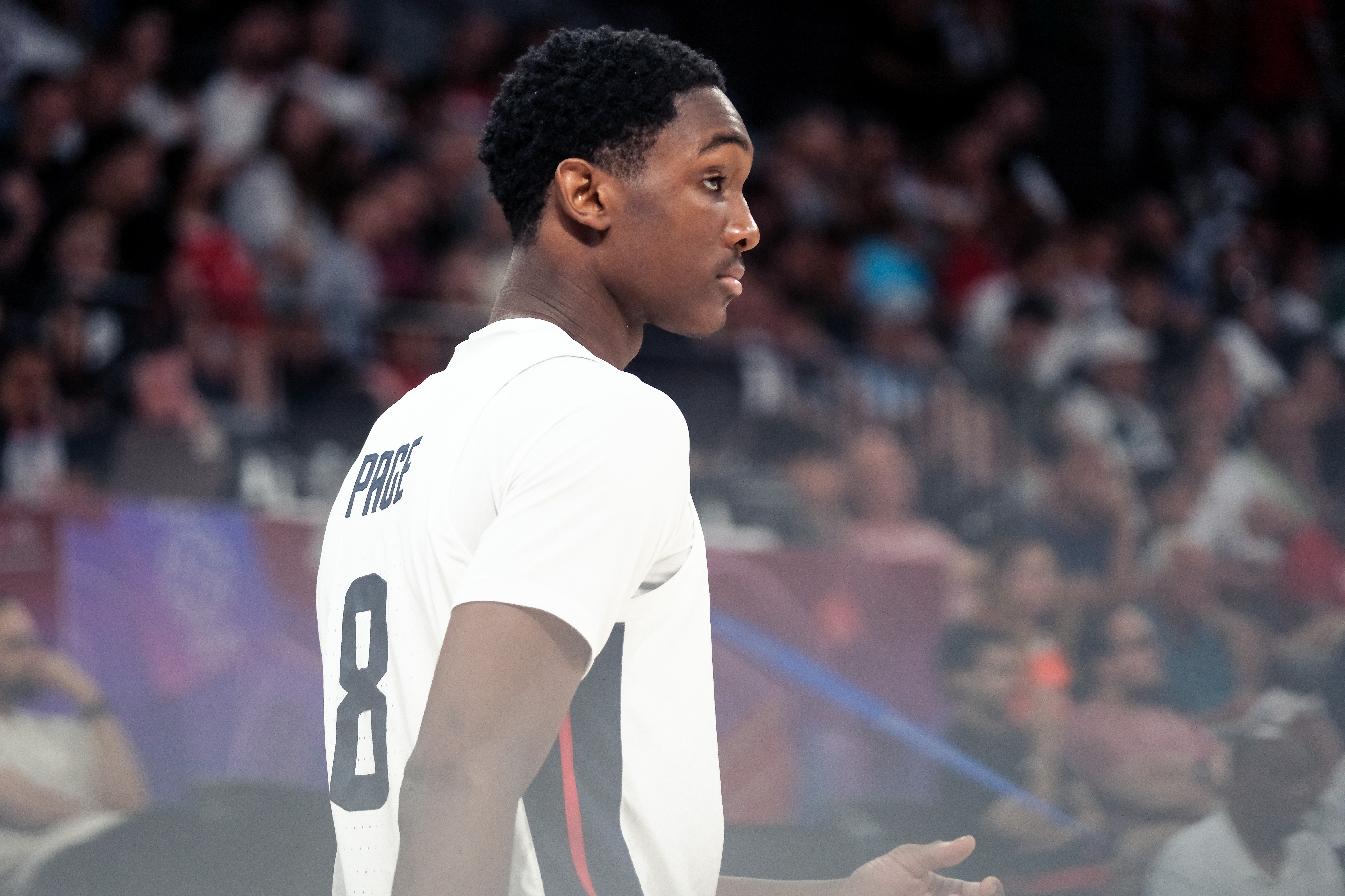 Jordan Page on the court representing the United States in the FIBA U17 Basketball World Cup Final game against Serbia