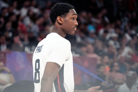 Jordan Page on the court representing the United States in the FIBA U17 Basketball World Cup Final game against Serbia