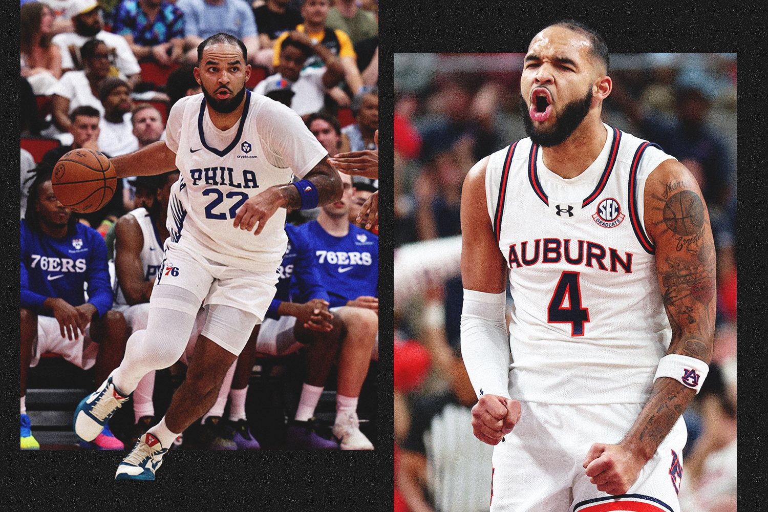 Johni Broome with the Philadephia 76er summer league squad (left) and at Auburn (right)