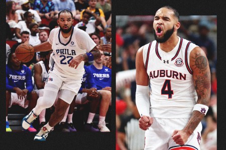 Johni Broome with the Philadephia 76er summer league squad (left) and at Auburn (right)