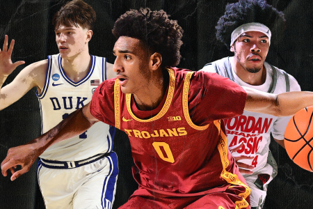 A collage featuring UConn's Nikolas Khamenia, USC's Alijah Arenas and Tyran Stokes of Kansas