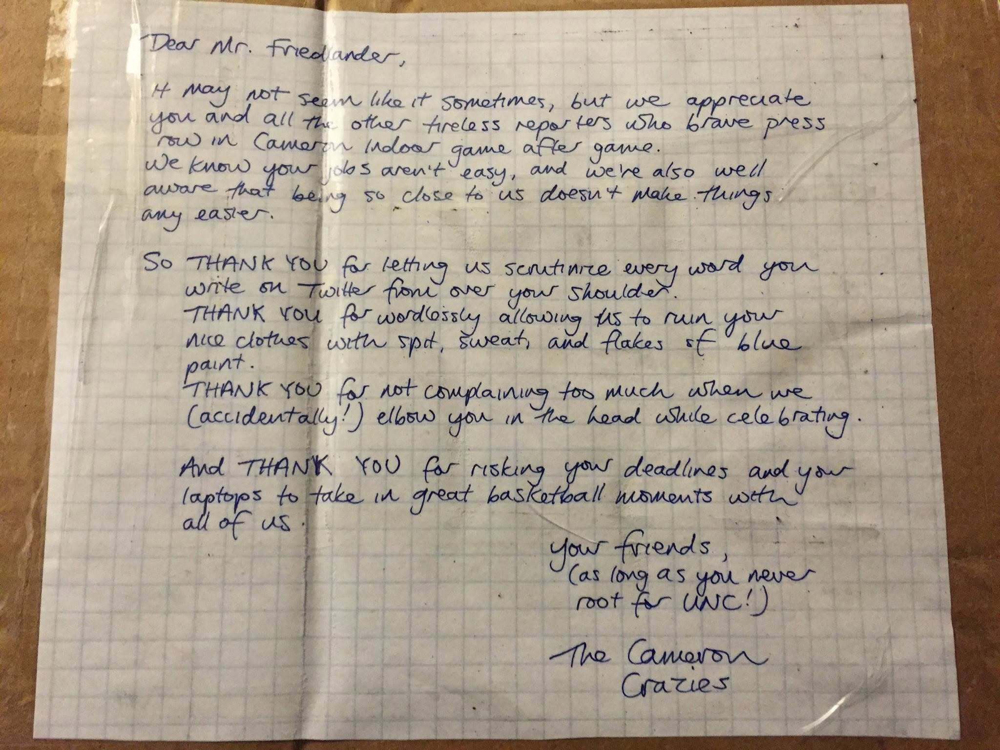 Image of a letter sent to Brett Friedlander from "The Cameron Crazies"