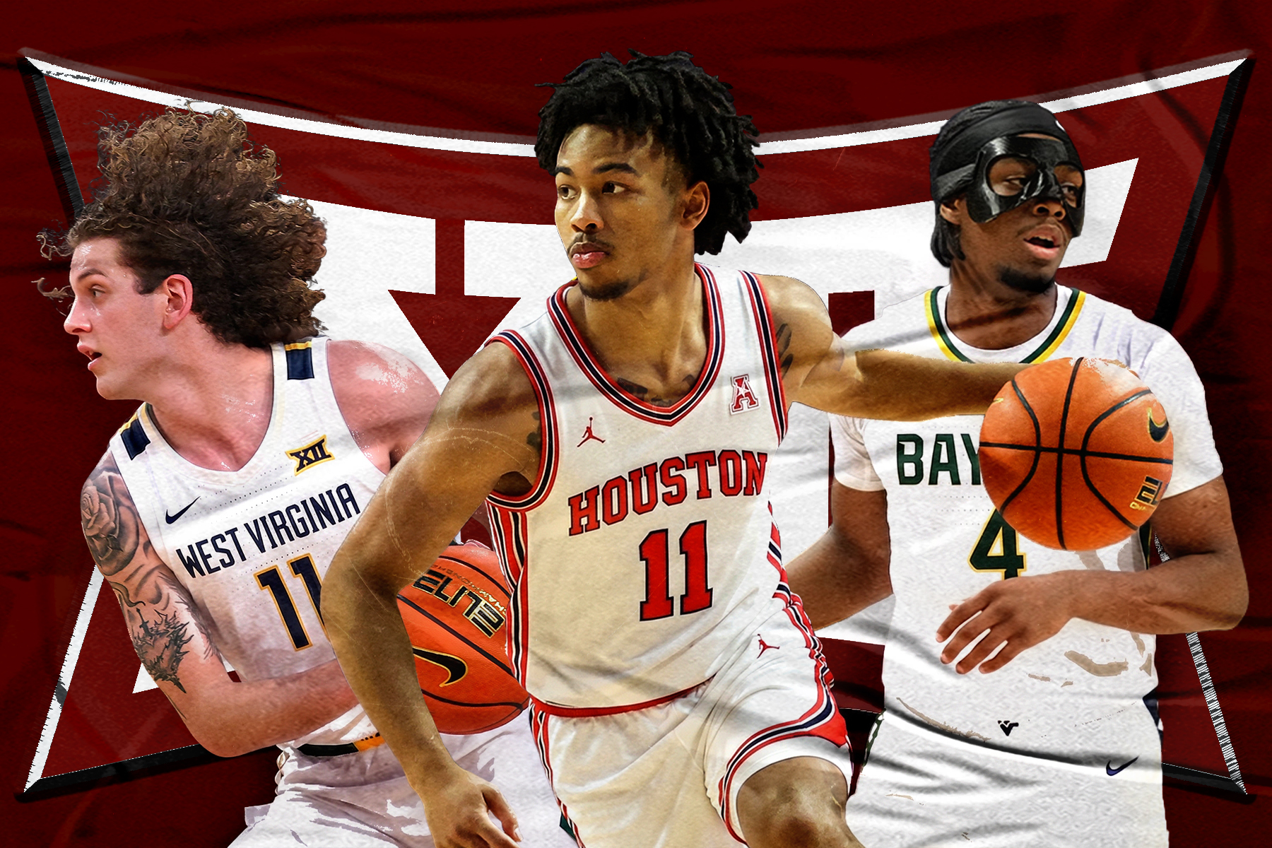 A collage featuring West Virginia's Finley Bizjack, Houston's Dedan Thomas Jr. and Baylor's Kayden Mingo