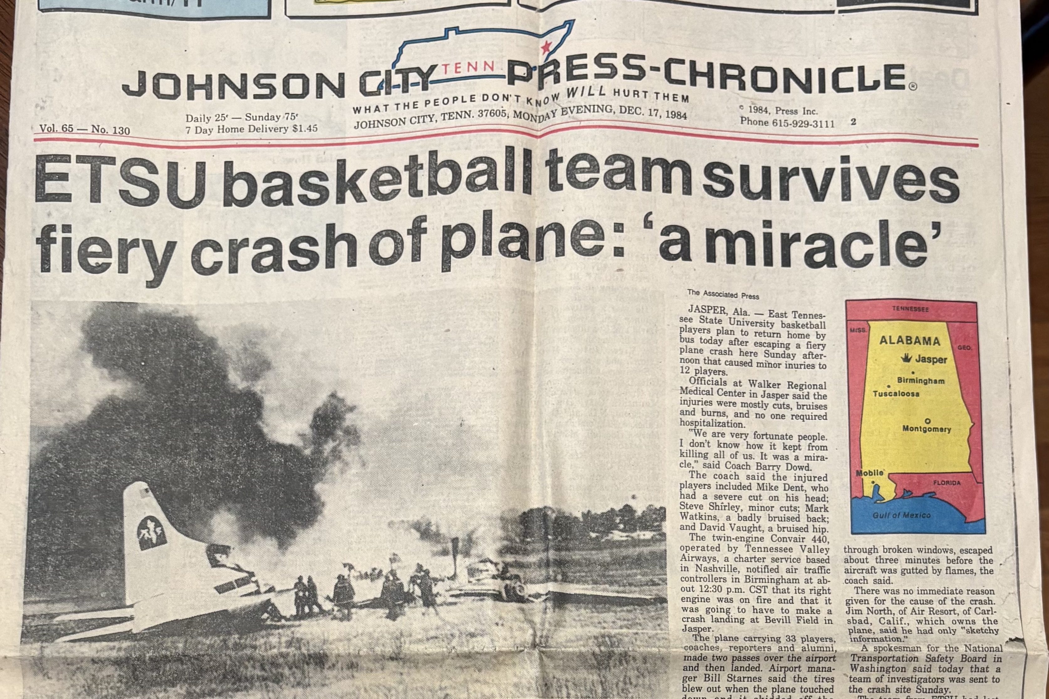 Front page of the Johnson City Press Chronicle with news of the ETSU crash above the fold
