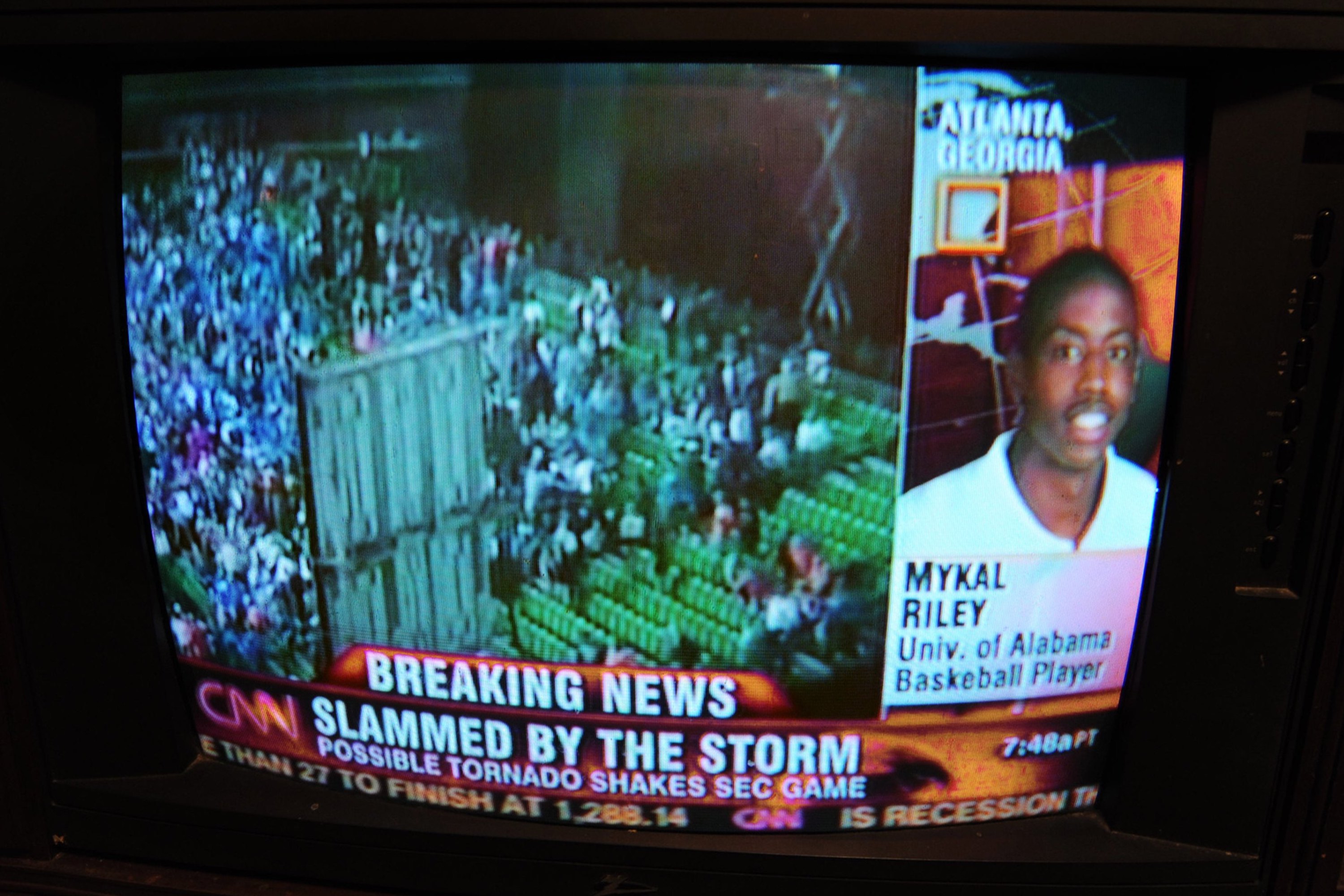 A CNN Broadcast from the night of the tornado featuring a headshot of game hero Mykal Riley