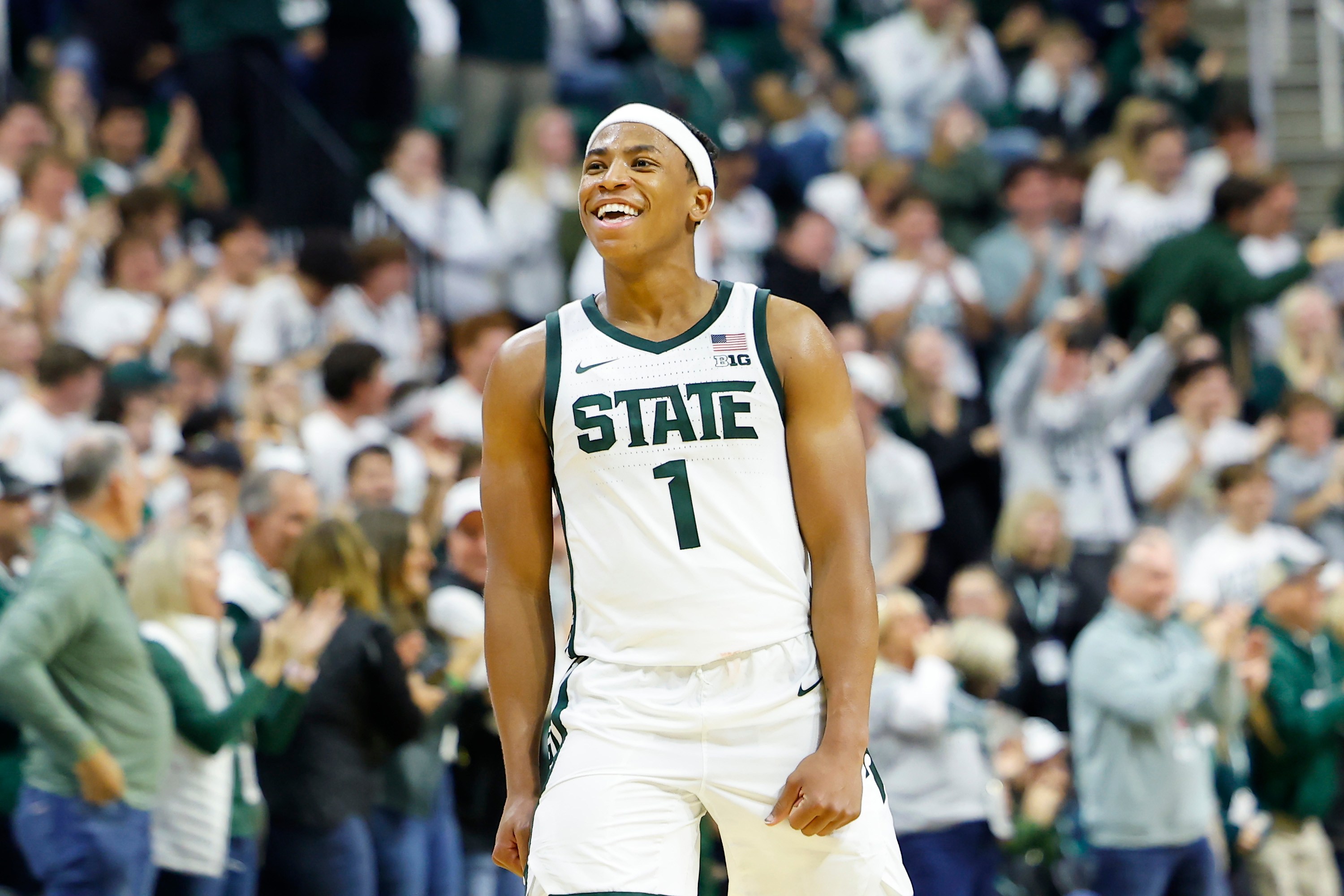 Michigan State's Jeremy Fears celebrates in front of the home crowd