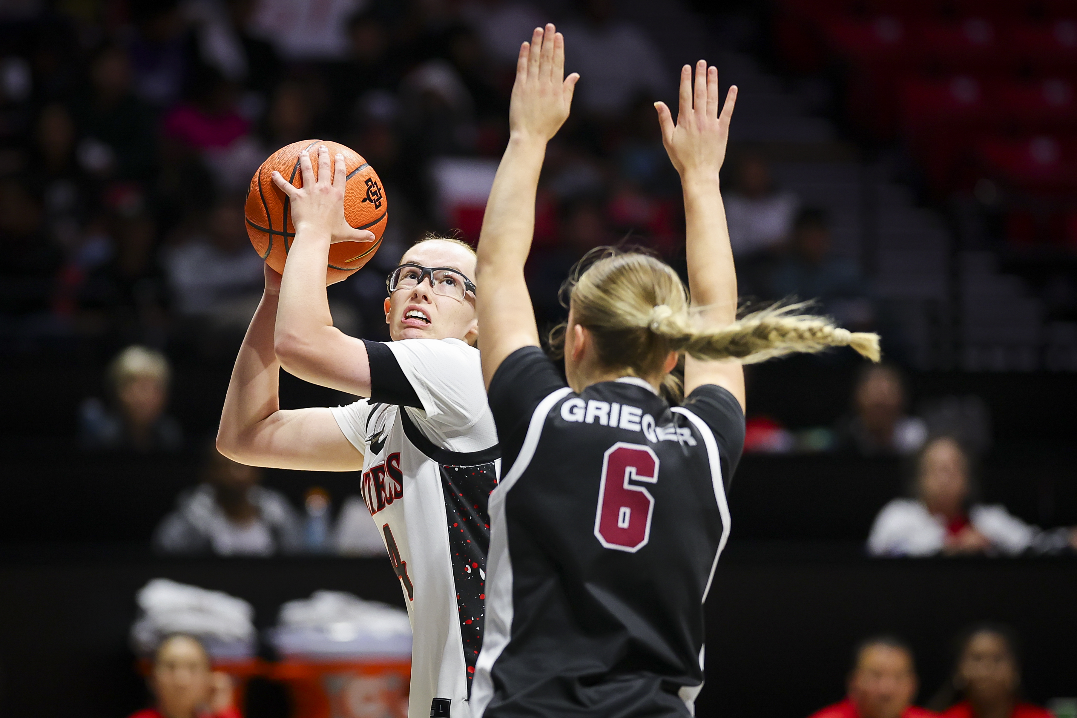 CJ Latta of San Diego State goes up for a shot in a 2025 game against Santa Clara
