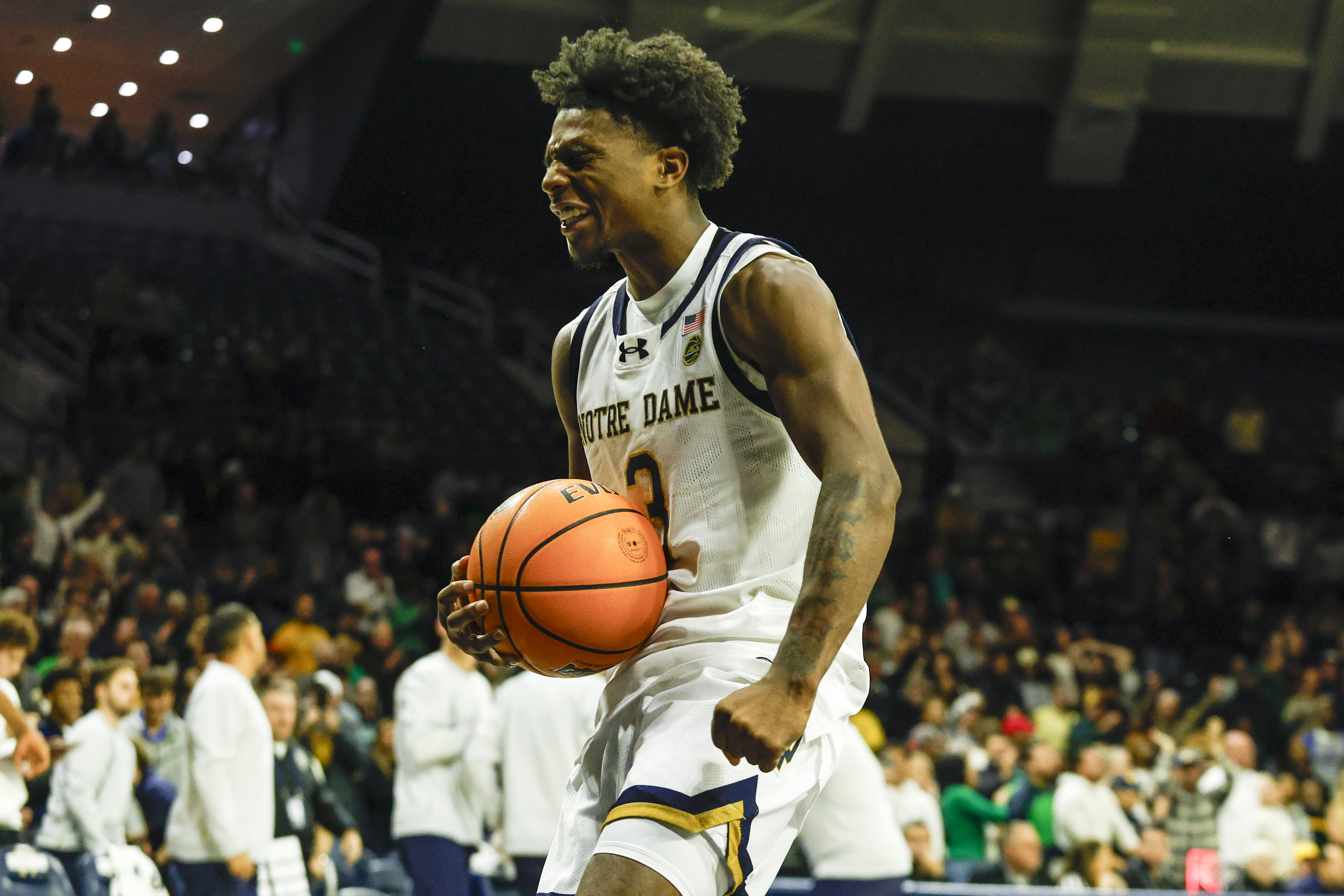 Notre Dame guard Markus Burton reacts positively to a big play in a 2025 game against Missouri
